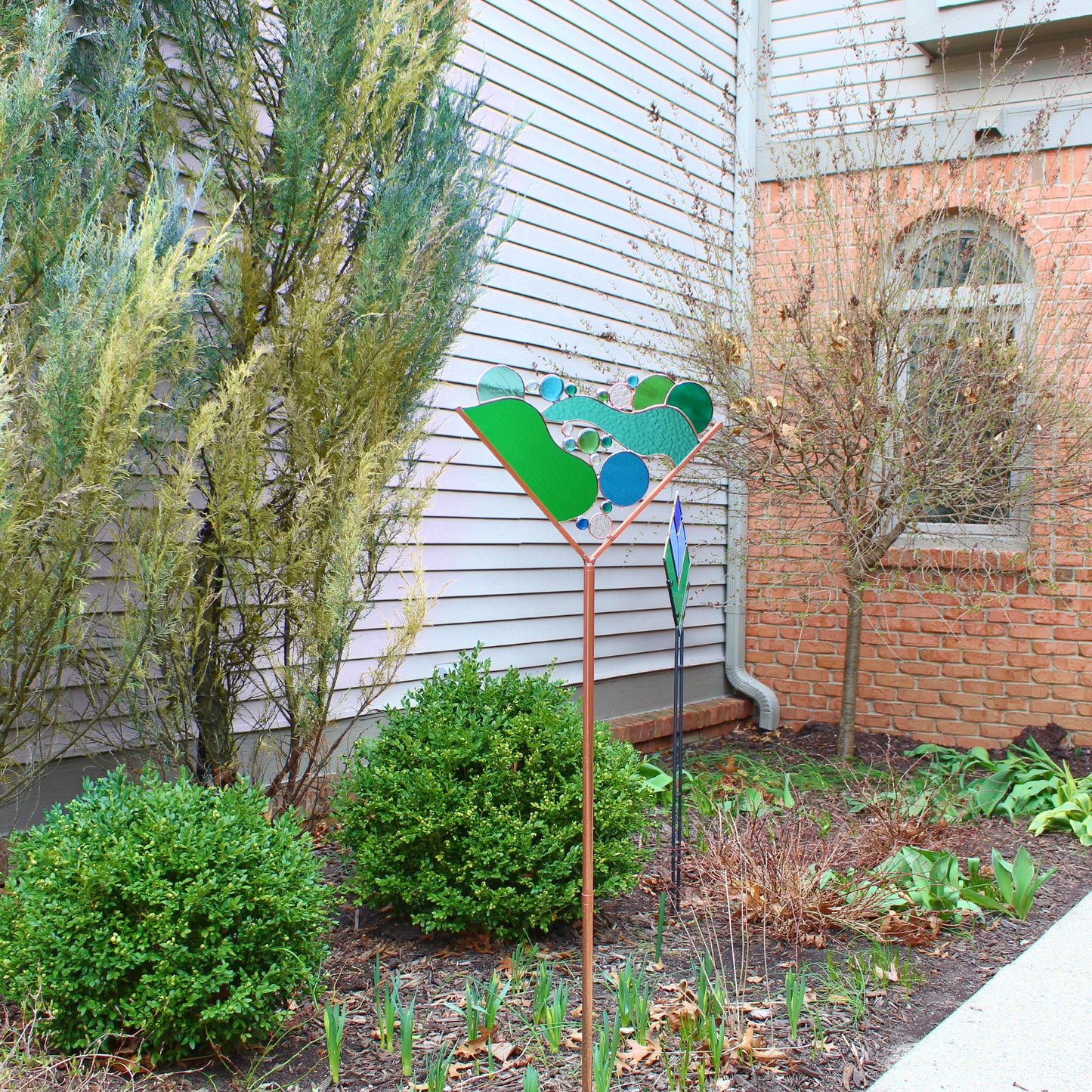 Stained Glass Martini Garden Art Stake. Greens & Blue. Colorful and unique yard decor that enhances your garden.
