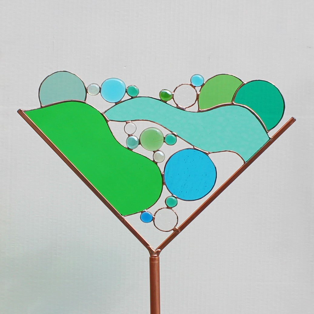 Stained Glass Martini Garden Art Stake. Greens & Blue. Colorful and unique yard decor that enhances your garden.
