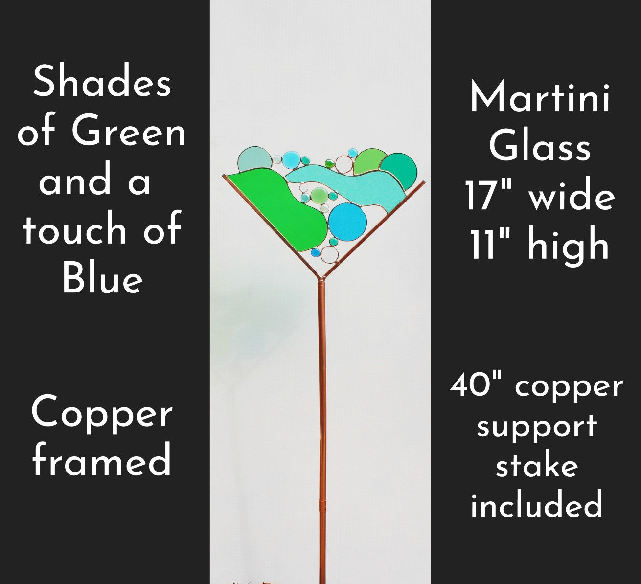 Stained Glass Martini Garden Art Stake. Greens & Blue. Colorful and unique yard decor that enhances your garden.