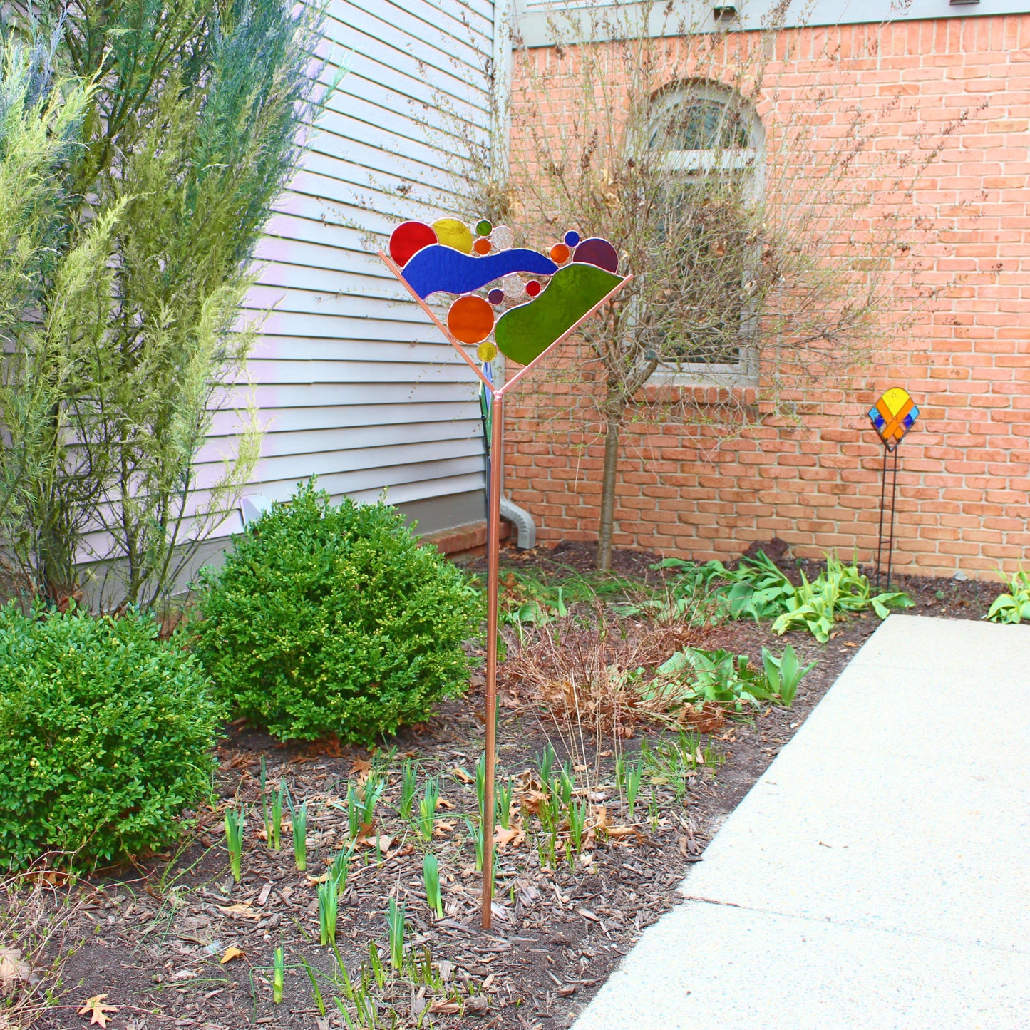 Stained Glass Martini Garden Art Stake. Primary colors. Colorful and unique yard decor that enhances your garden.