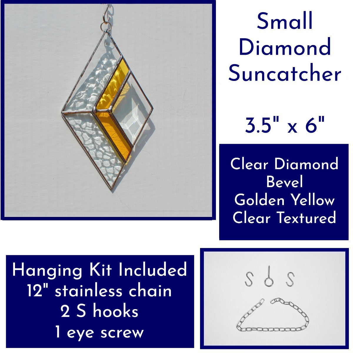 Small Diamond Stained Glass Suncatcher – Silver Finish, Faceted Bevel & Golden Yellow Accent