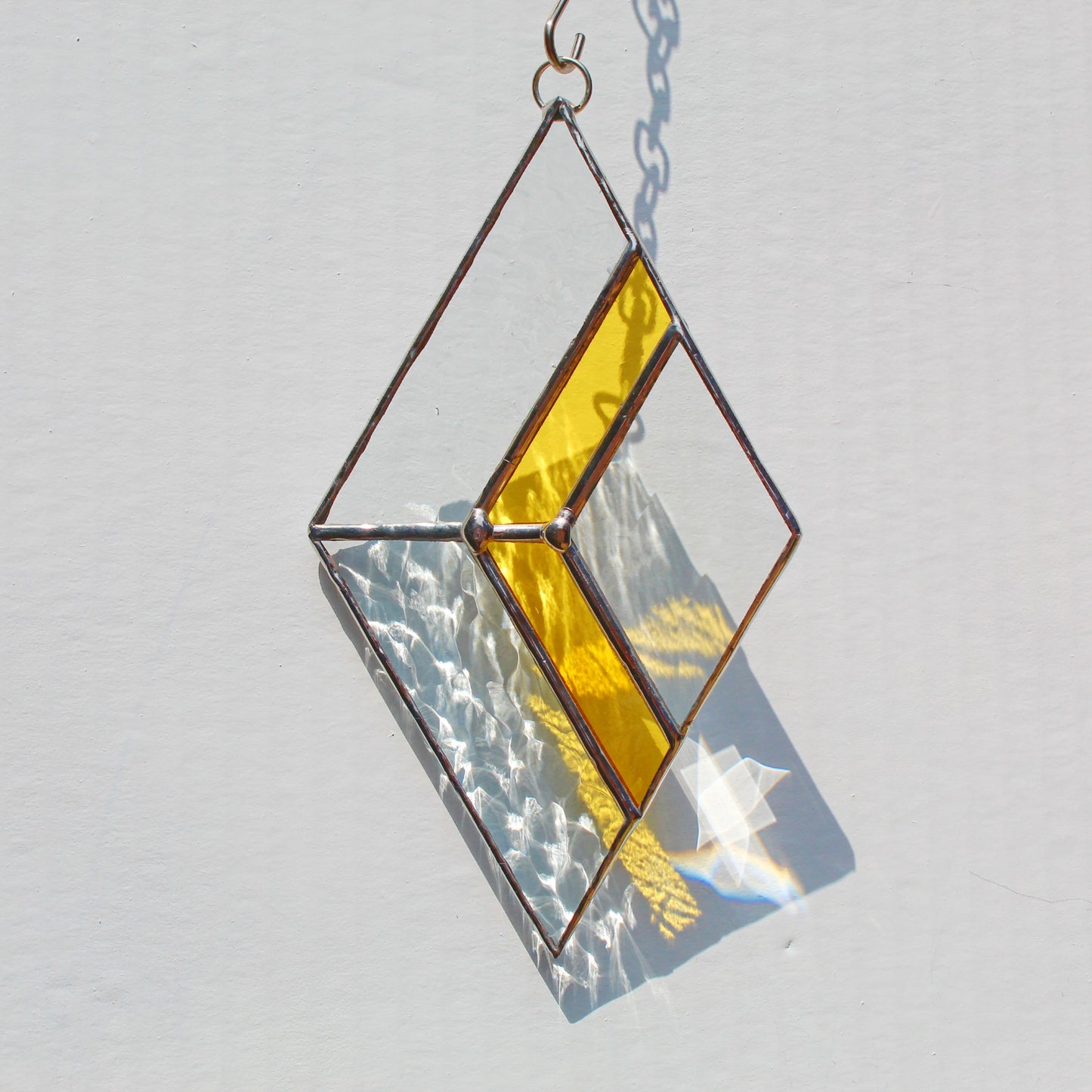 Small Diamond Stained Glass Suncatcher – Silver Finish, Faceted Bevel & Golden Yellow Accent
