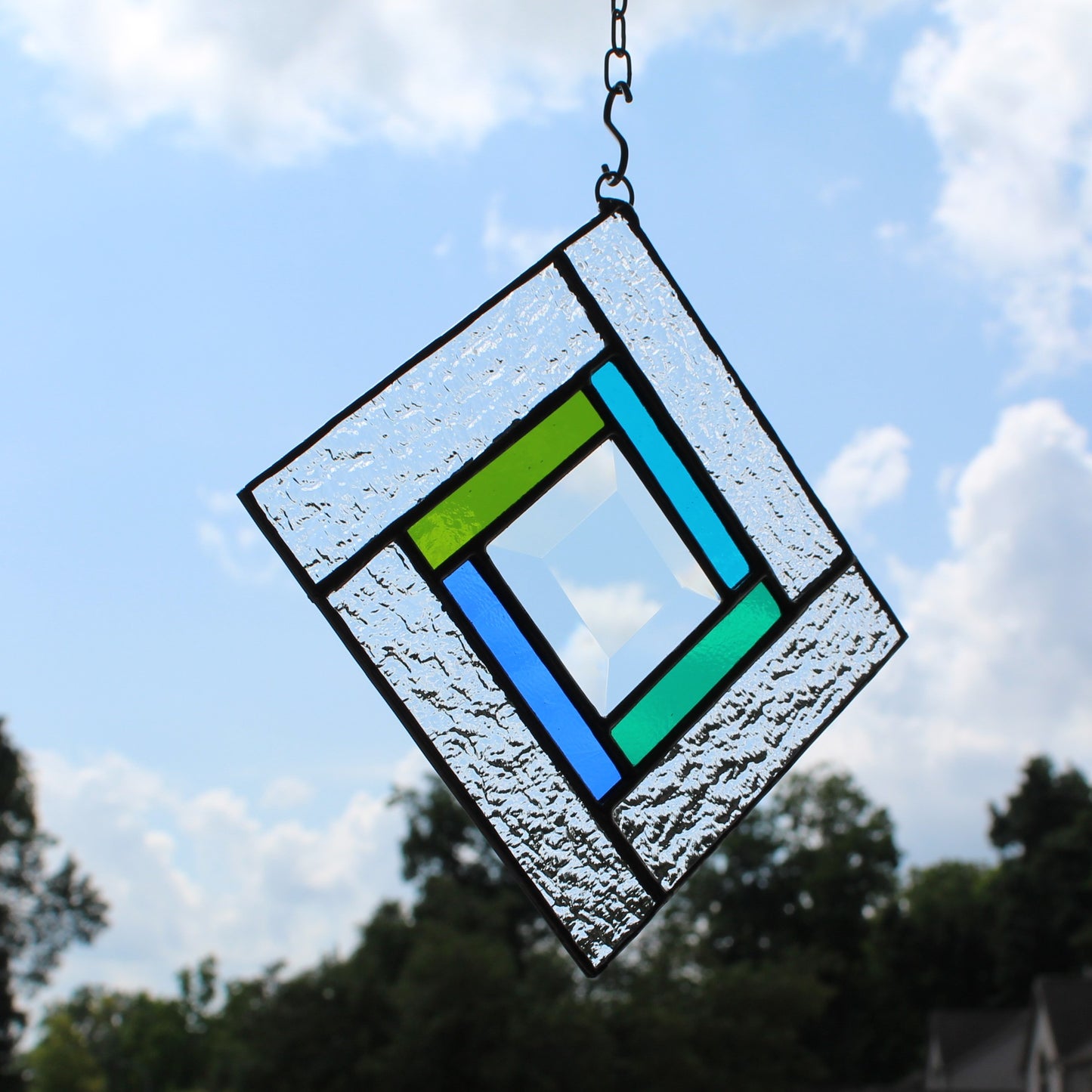 Small Square Stained Glass Suncatcher – Silver Finish, Faceted Bevel & Green and Blue Accent