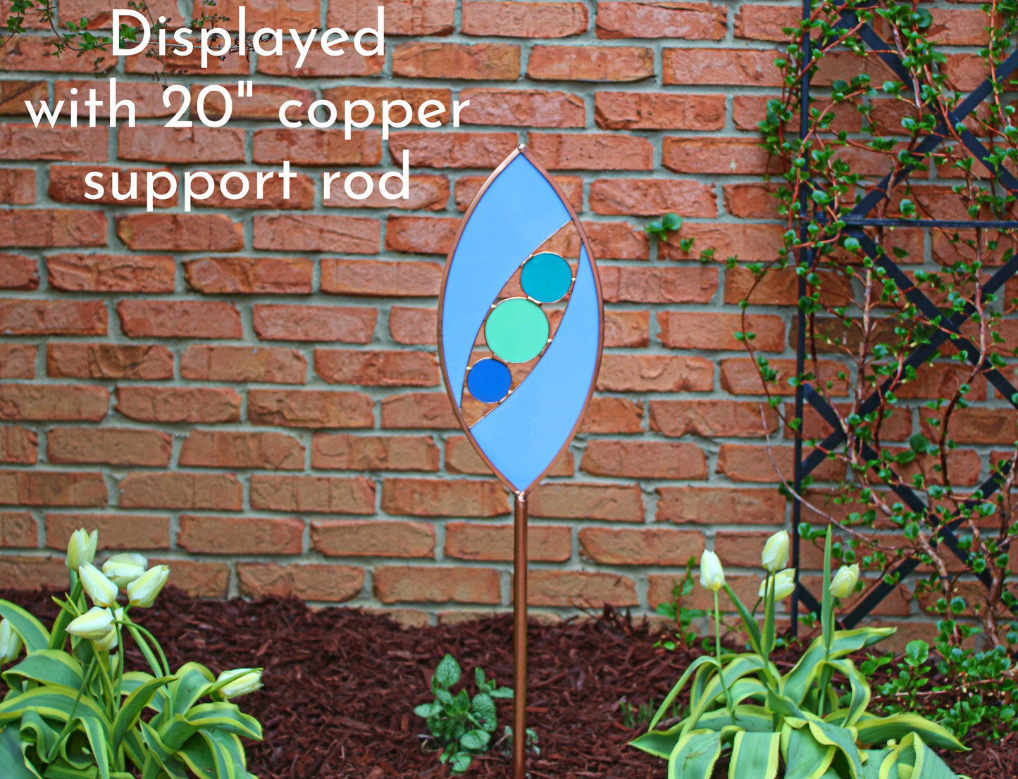 Ellipse shaped glass garden art stake. Hydrangea Blue. Copper framed. Opaque glass.