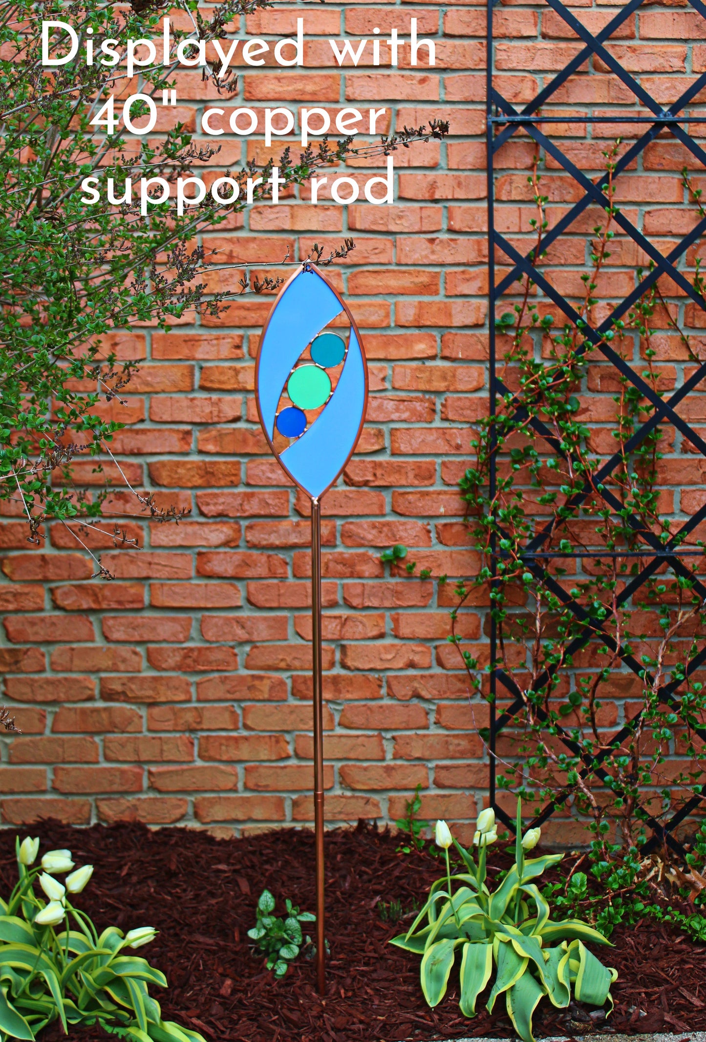 Ellipse shaped glass garden art stake. Hydrangea Blue. Copper framed. Opaque glass.