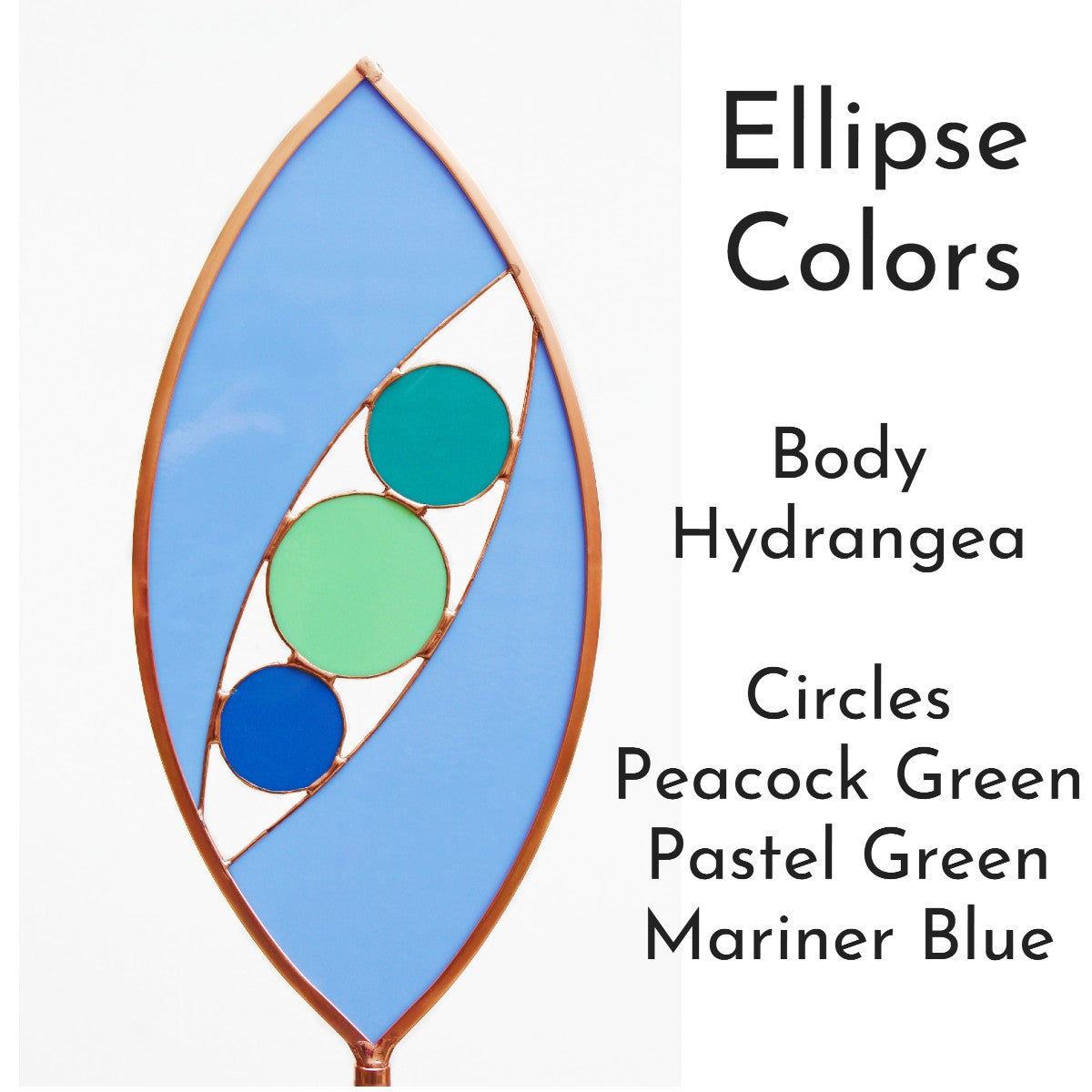 Ellipse shaped glass garden art stake. Hydrangea Blue. Copper framed. Opaque glass.