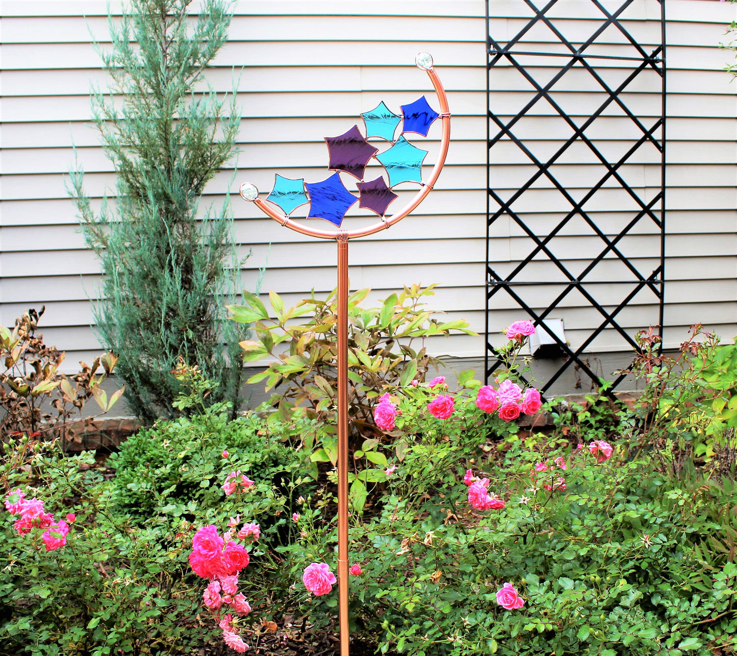Star Crescent Glass Garden Art Stake. Handcrafted. Copper frame. Blues Purple Aqua.