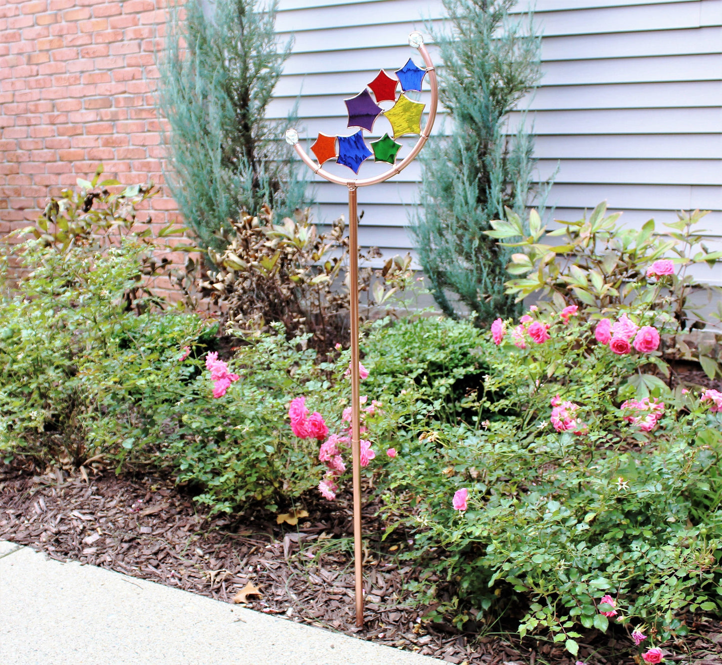 Star Crescent Glass Garden Art Stake. Handcrafted. Copper frame. Primary colors.