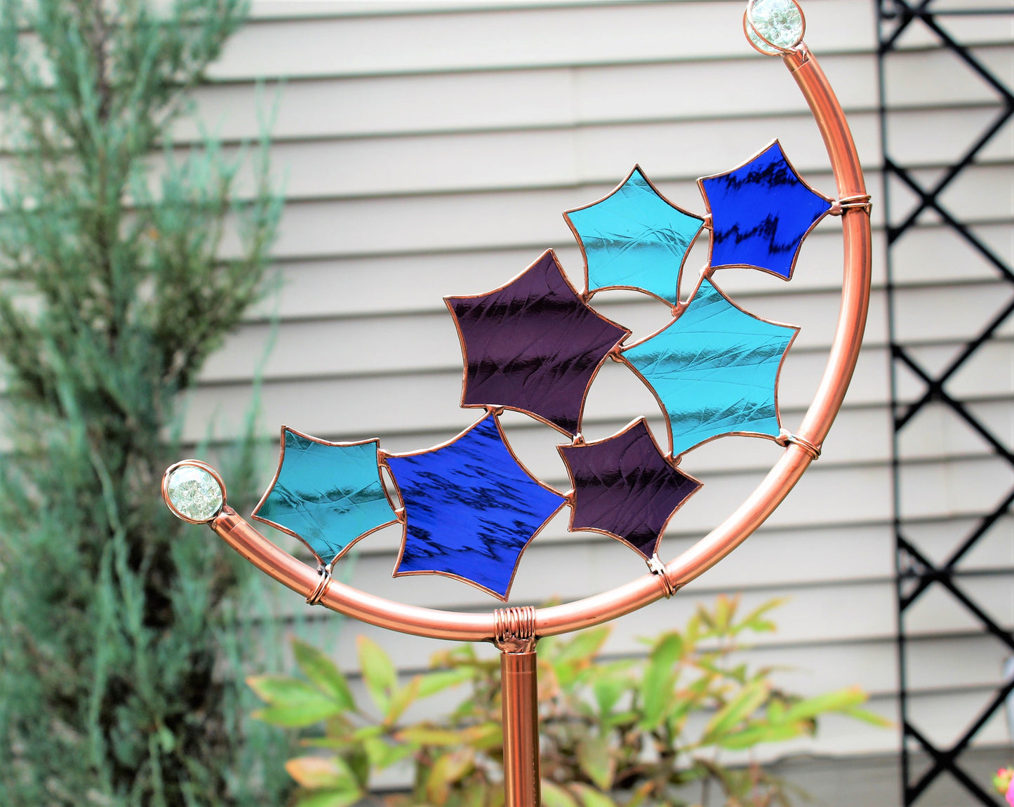 Star Crescent Glass Garden Art Stake. Handcrafted. Copper frame. Blues Purple Aqua.