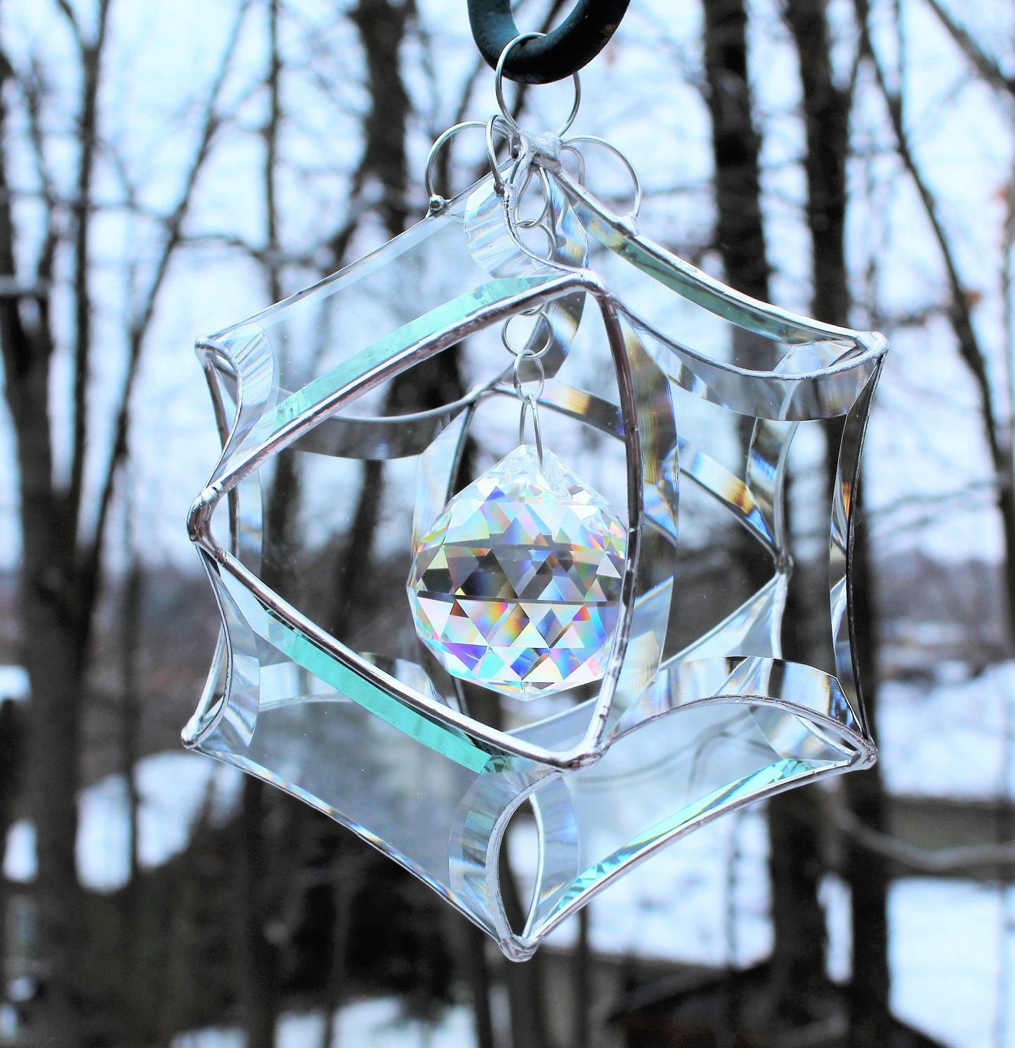 Stained glass star suncatcher. Silver finished faceted glass. Sunny window prism maker.