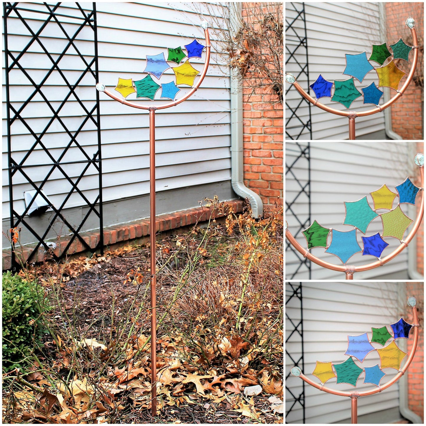 Star Crescent Glass Garden Art Stake. Handcrafted. Copper frame. Blues Greens Yellow.