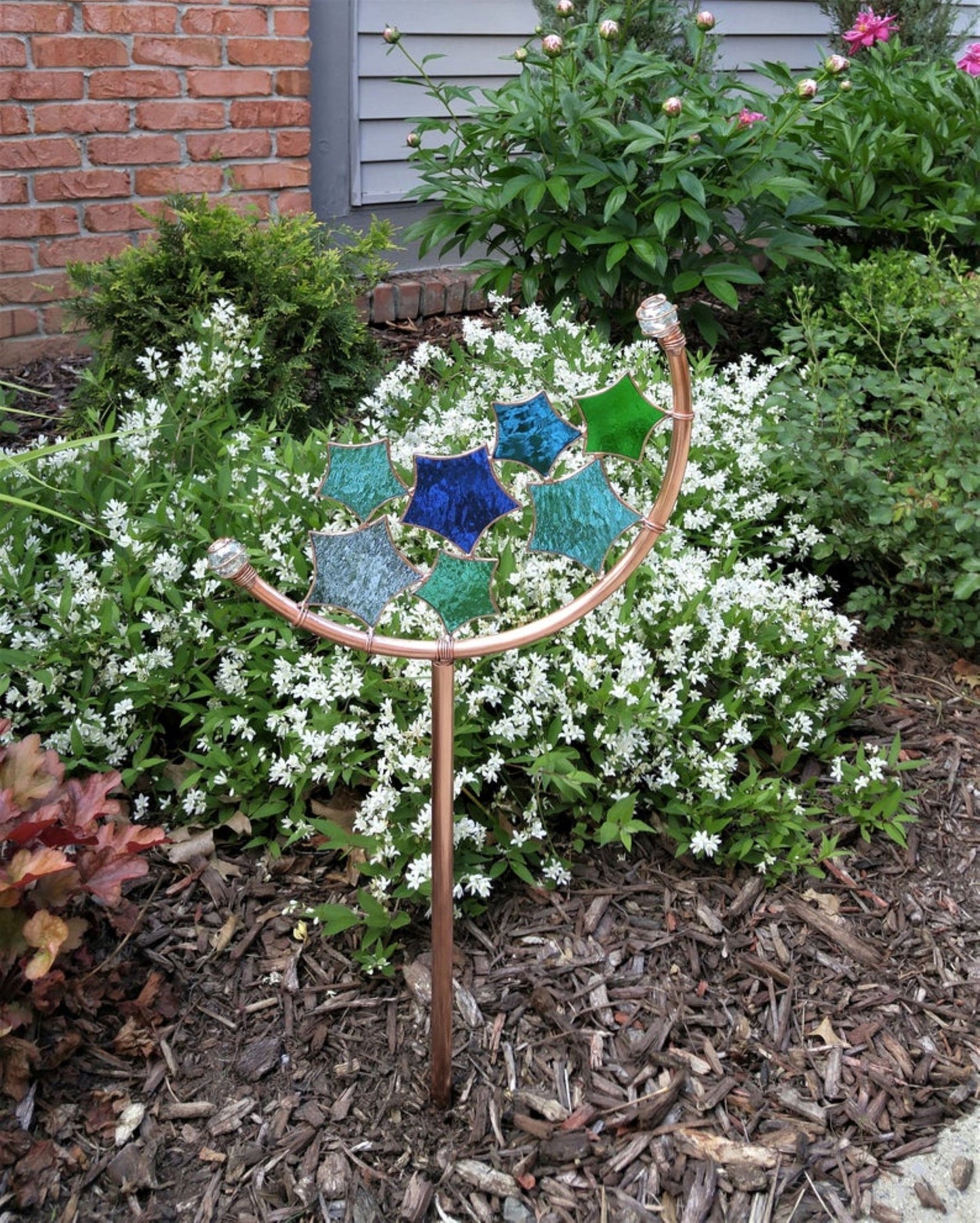 Star Crescent Glass Garden Art Stake. Handcrafted. Copper frame. Blues & Greens.