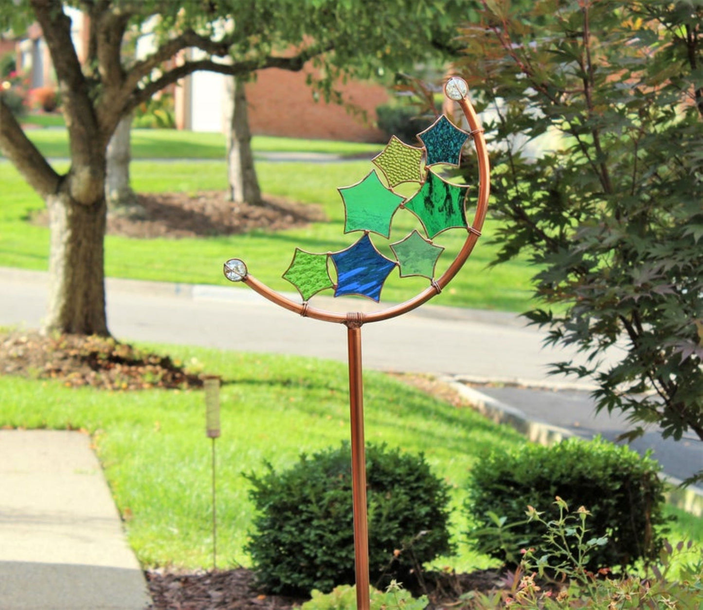 Star Crescent Glass Garden Art Stake. Handcrafted. Copper frame. Blues & Greens.