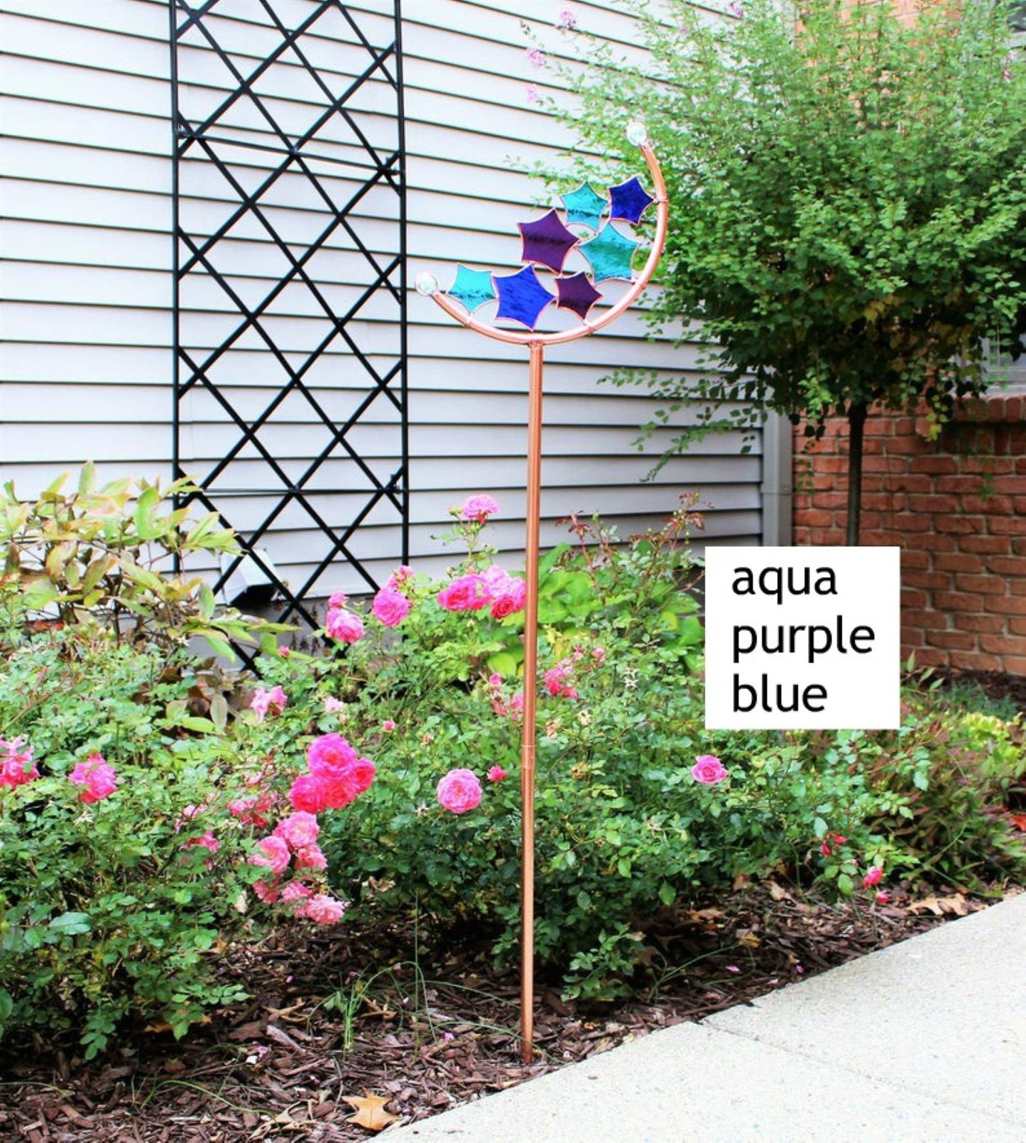 Star Crescent Glass Garden Art Stake. Handcrafted. Copper frame. Blues Purple Aqua.