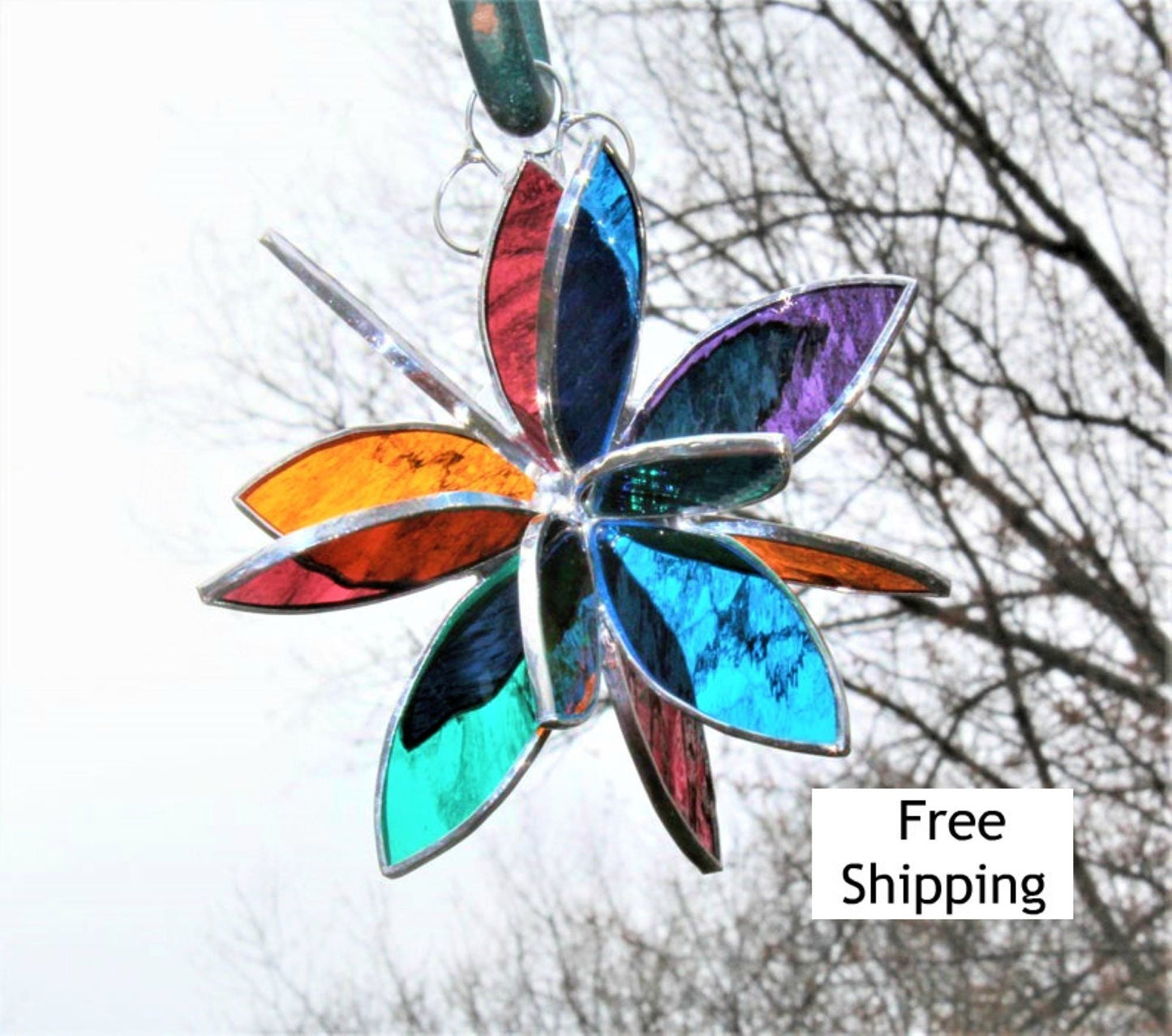 Stained glass hanging flower suncatcher. Garden & Home decor. Jewel colors.