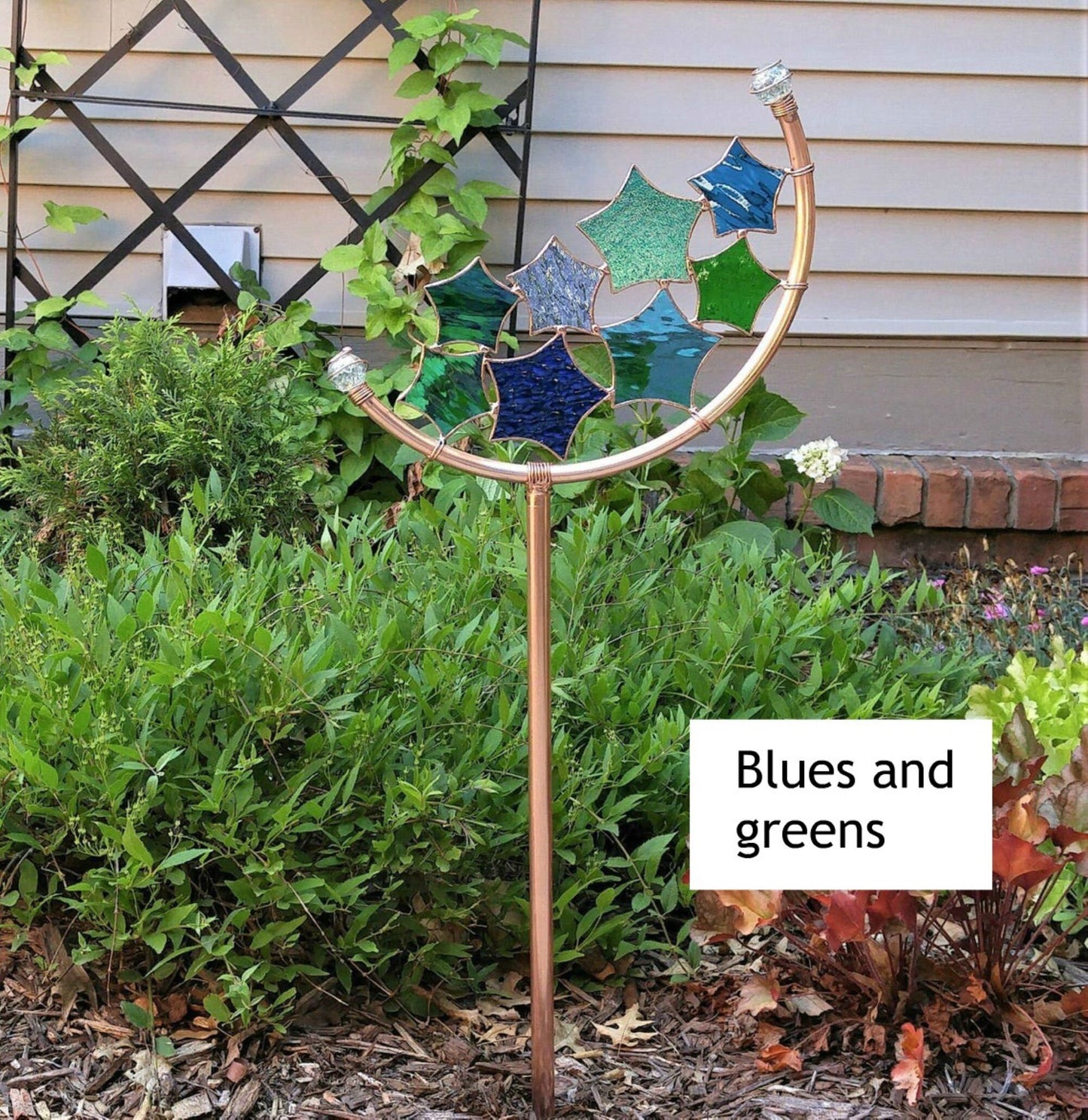 Star Crescent Glass Garden Art Stake. Handcrafted. Copper frame. Blues & Greens.
