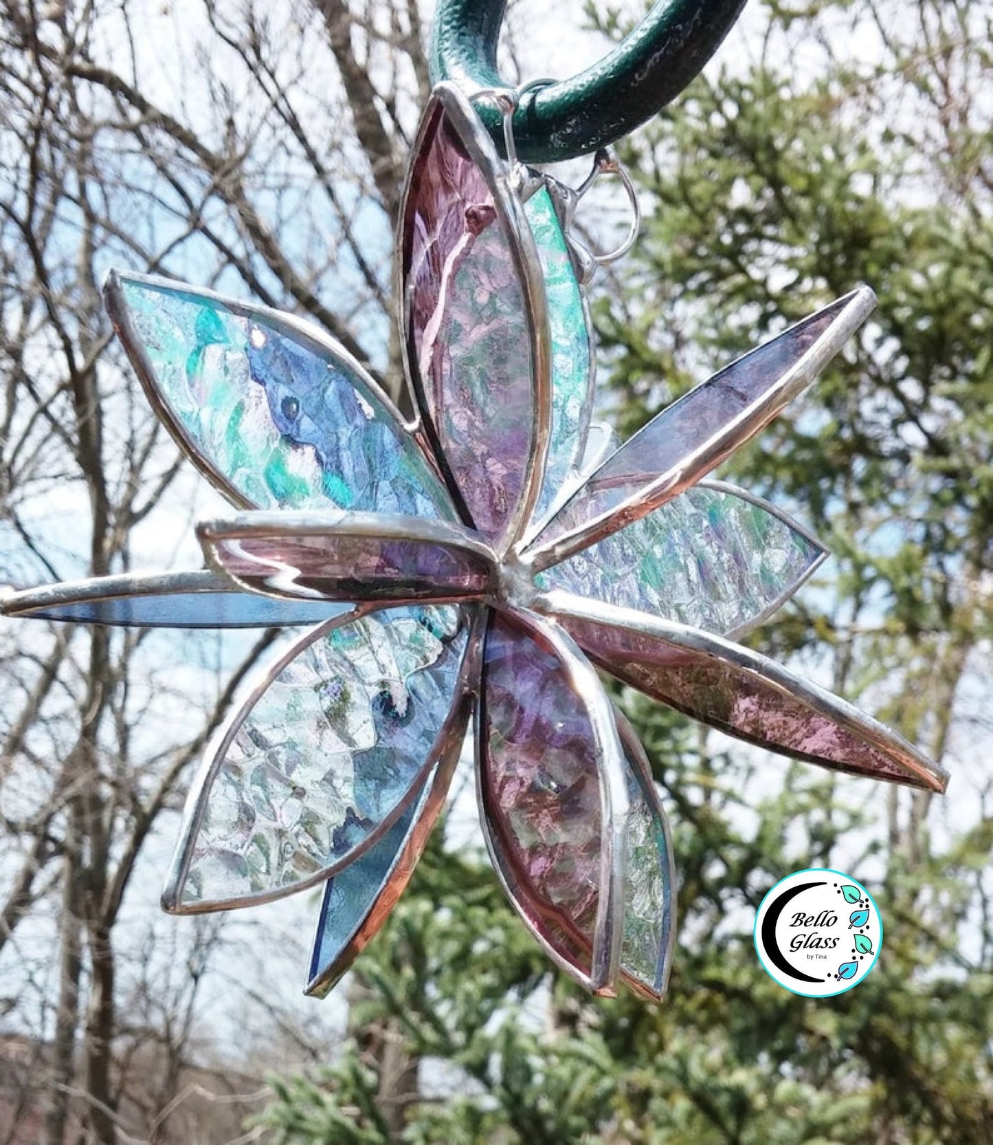Stained glass hanging flower suncatcher. Garden & Home decor. Clear Rose Blue