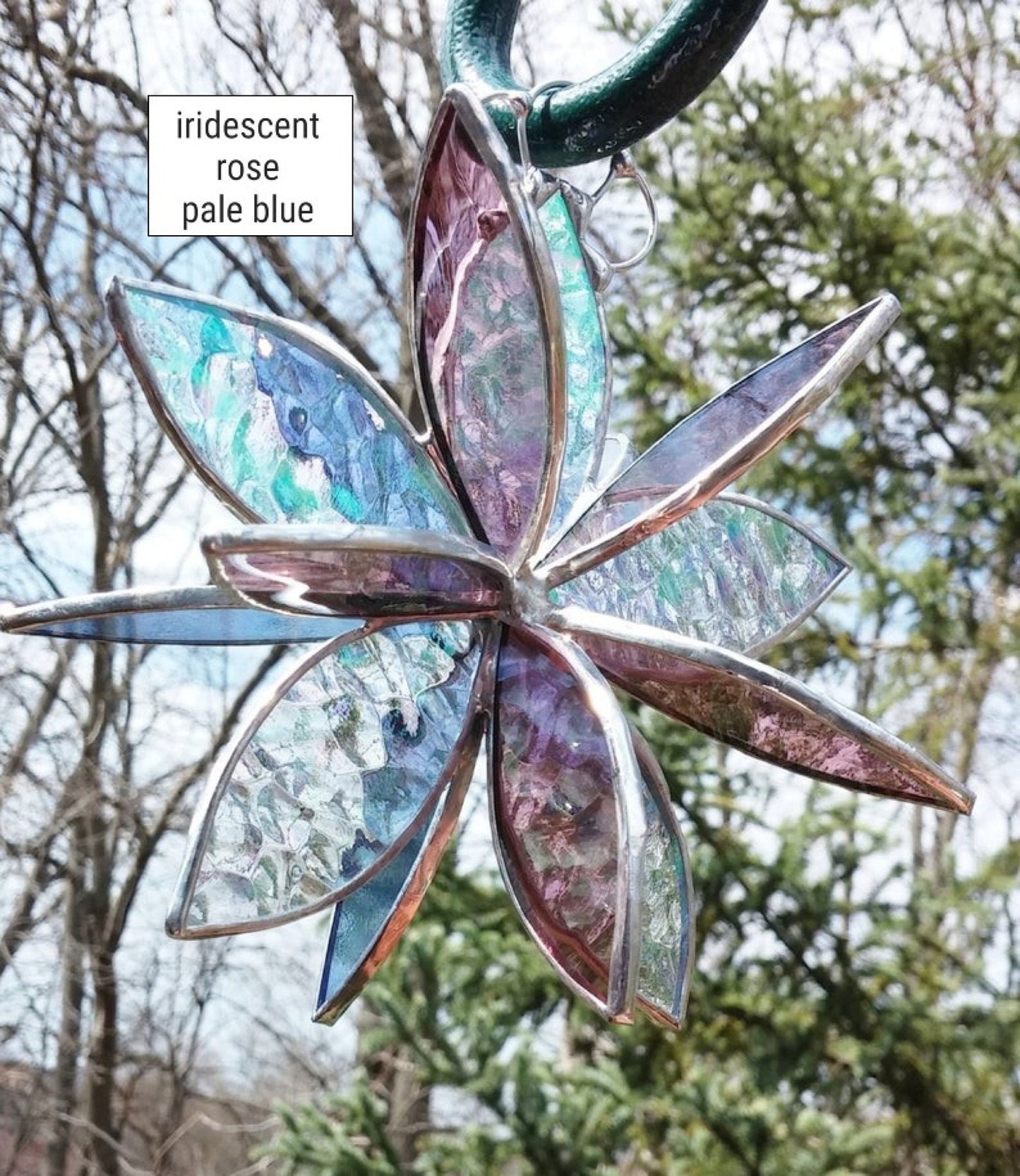 Stained glass hanging flower suncatcher. Garden & Home decor. Clear Rose Blue