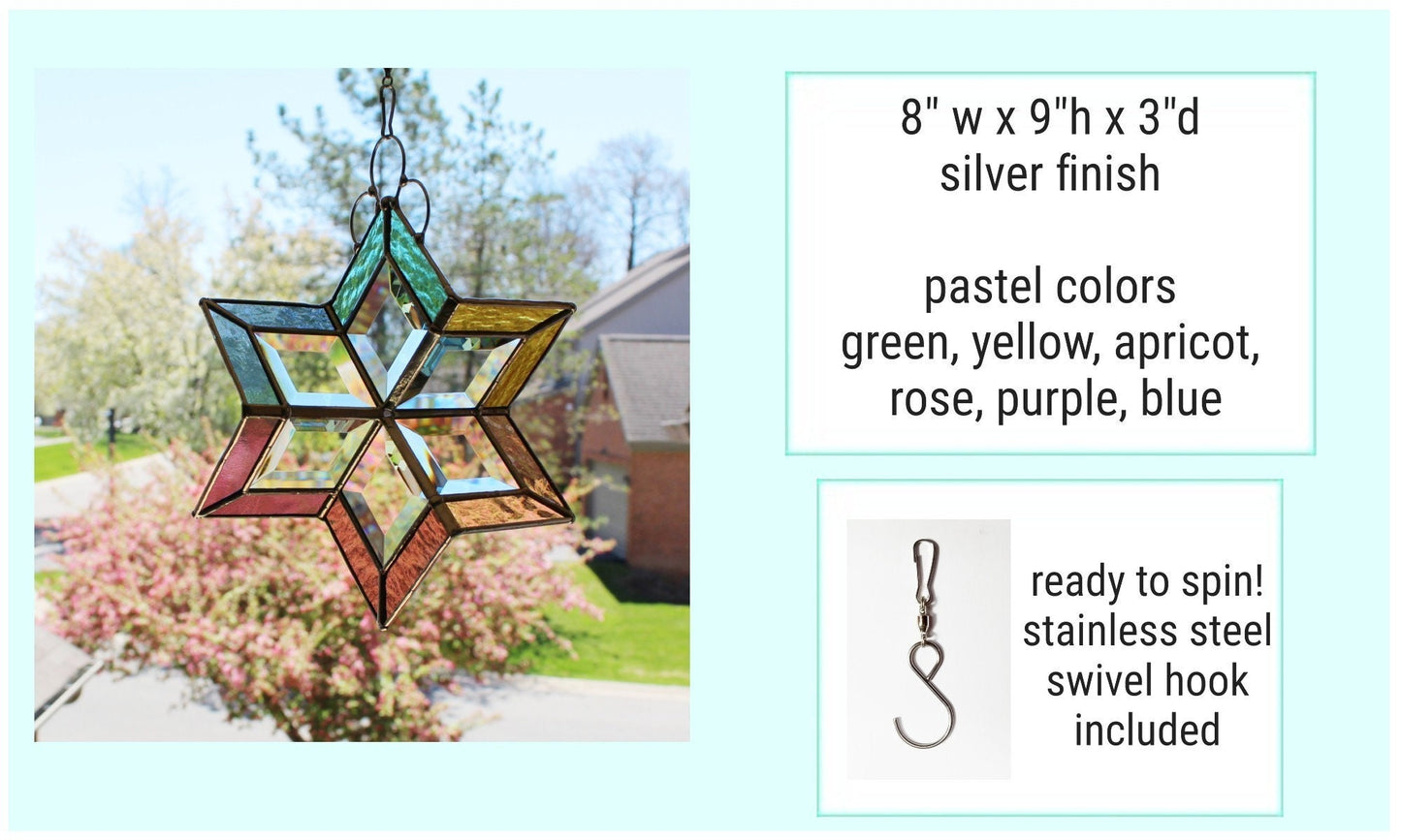 Stained Glass Spinner. Hanging beveled glass creates prisms with sunshine. Pastels.