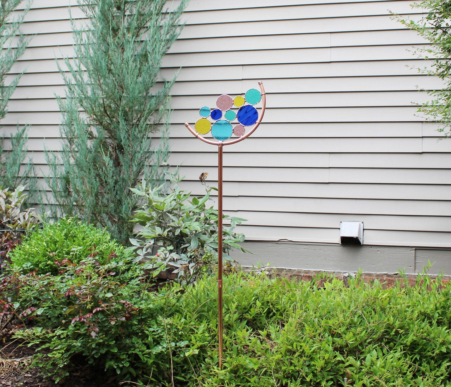 Circle Crescent glass garden art stake. Copper frame. Jewel & pastel colors.
