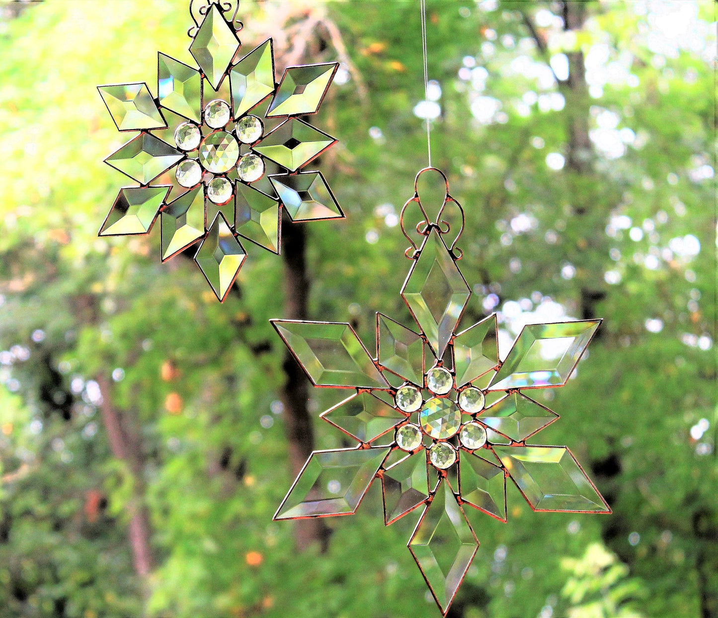 Glass Beveled Star Snowflakes. Highly Reflective Window Decor. Silver or Copper.