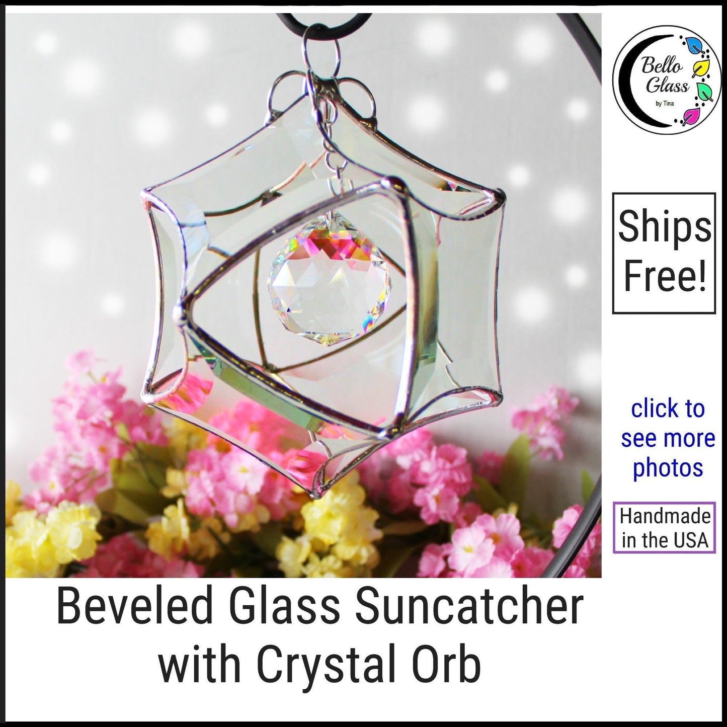 Stained glass star suncatcher. Silver finished faceted glass. Sunny window prism maker.