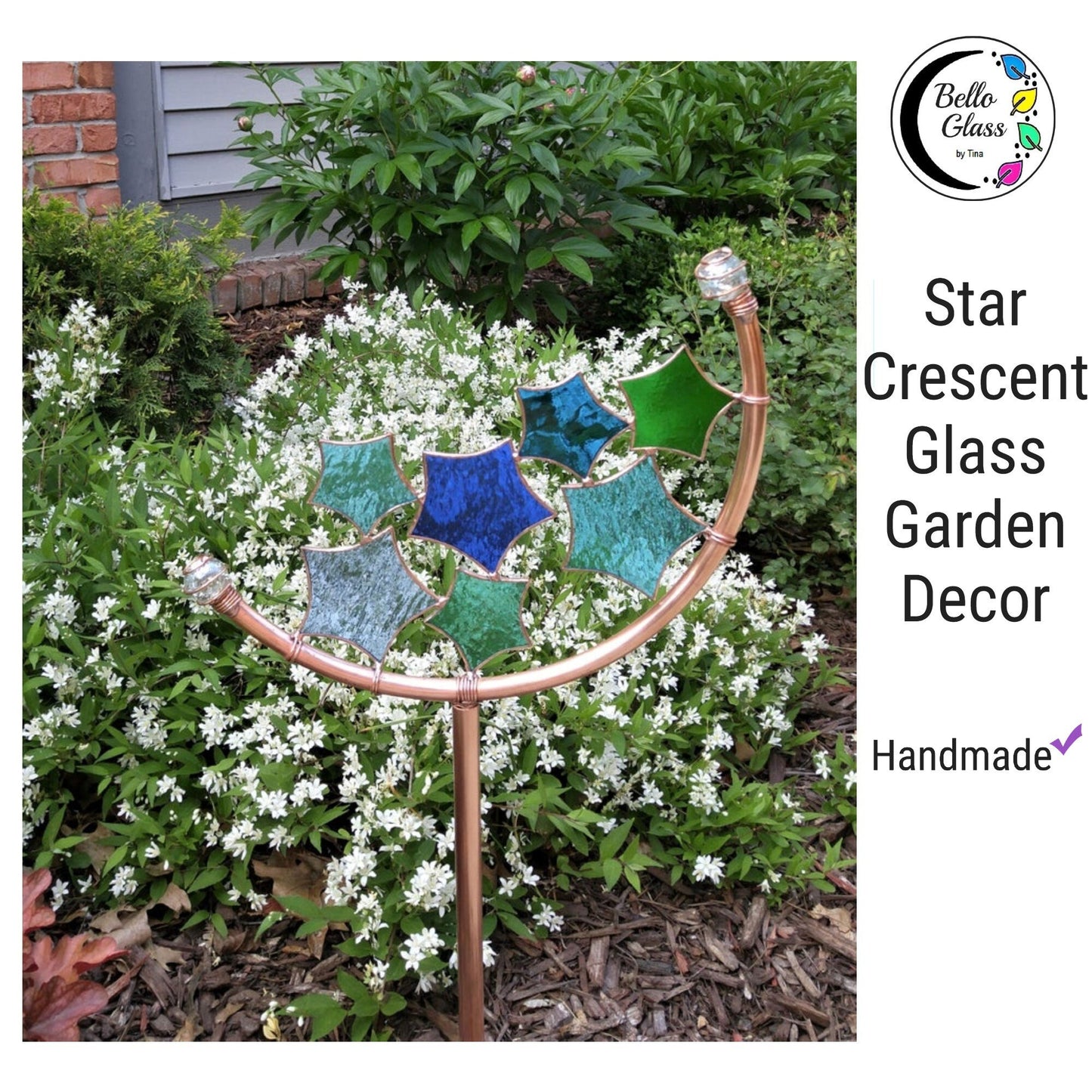 Star Crescent Glass Garden Art Stake. Handcrafted. Copper frame. Blues & Greens.