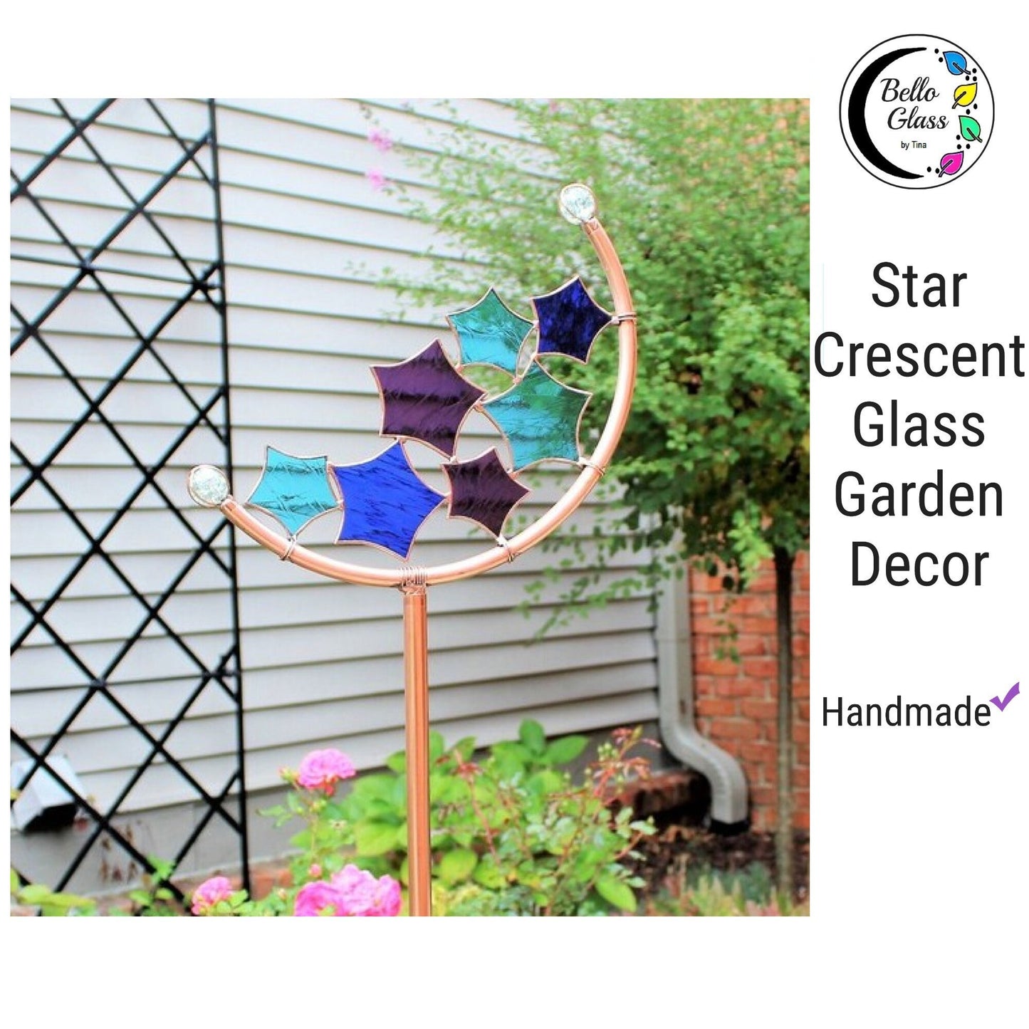 Star Crescent Glass Garden Art Stake. Handcrafted. Copper frame. Blues Purple Aqua.
