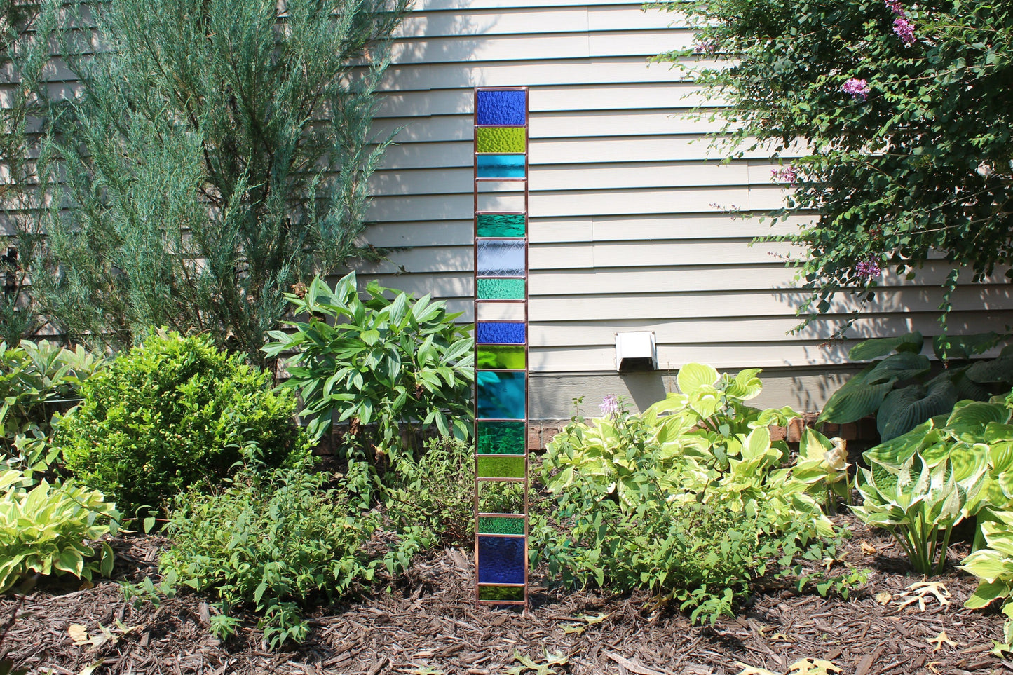 Tall Glass Garden Sentry Stake. 44” copper framed statement yard décor. Blues & Greens Transparent.