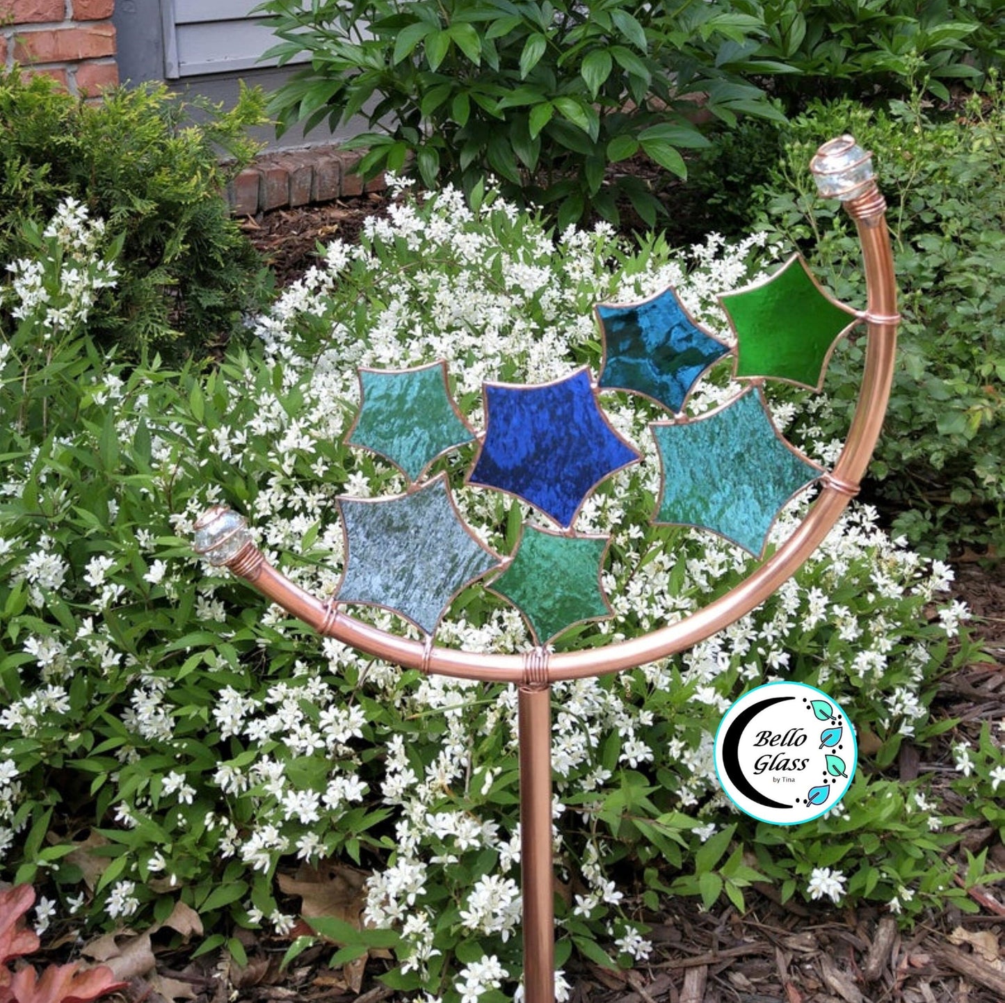 Star Crescent Glass Garden Art Stake. Handcrafted. Copper frame. Blues & Greens.