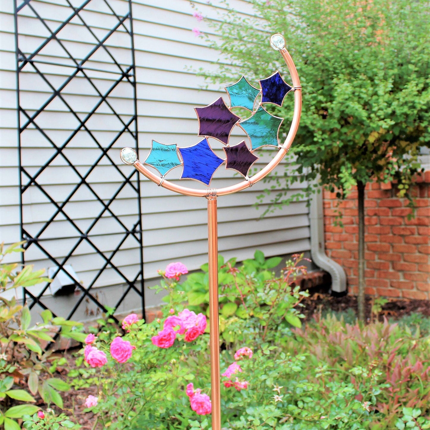 Star Crescent Glass Garden Art Stake. Handcrafted. Copper frame. Blues Purple Aqua.