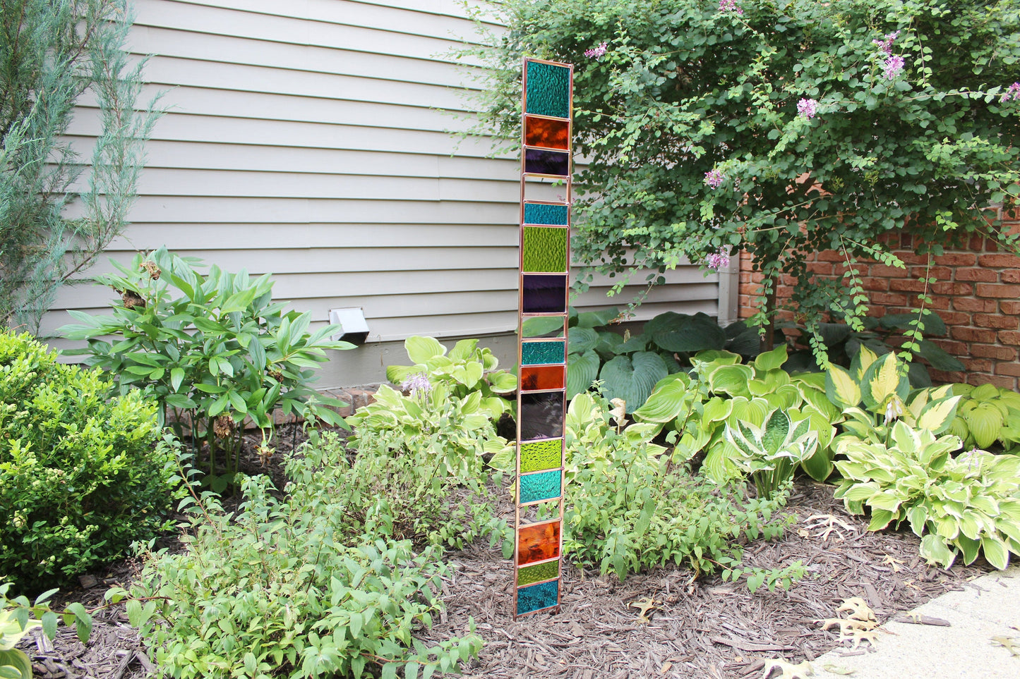 Tall Glass Garden Sentry Stake. 44” copper framed statement yard décor. Bright Tones.