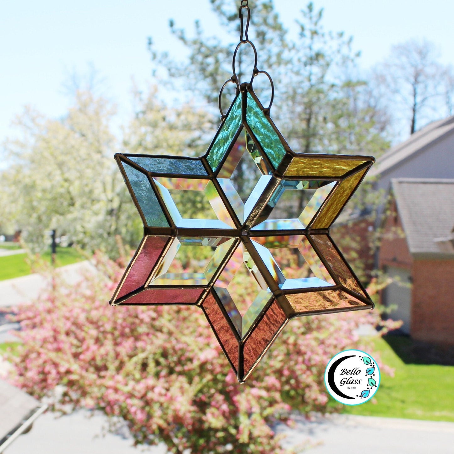 Stained Glass Spinner. Hanging beveled glass creates prisms with sunshine. Pastels.