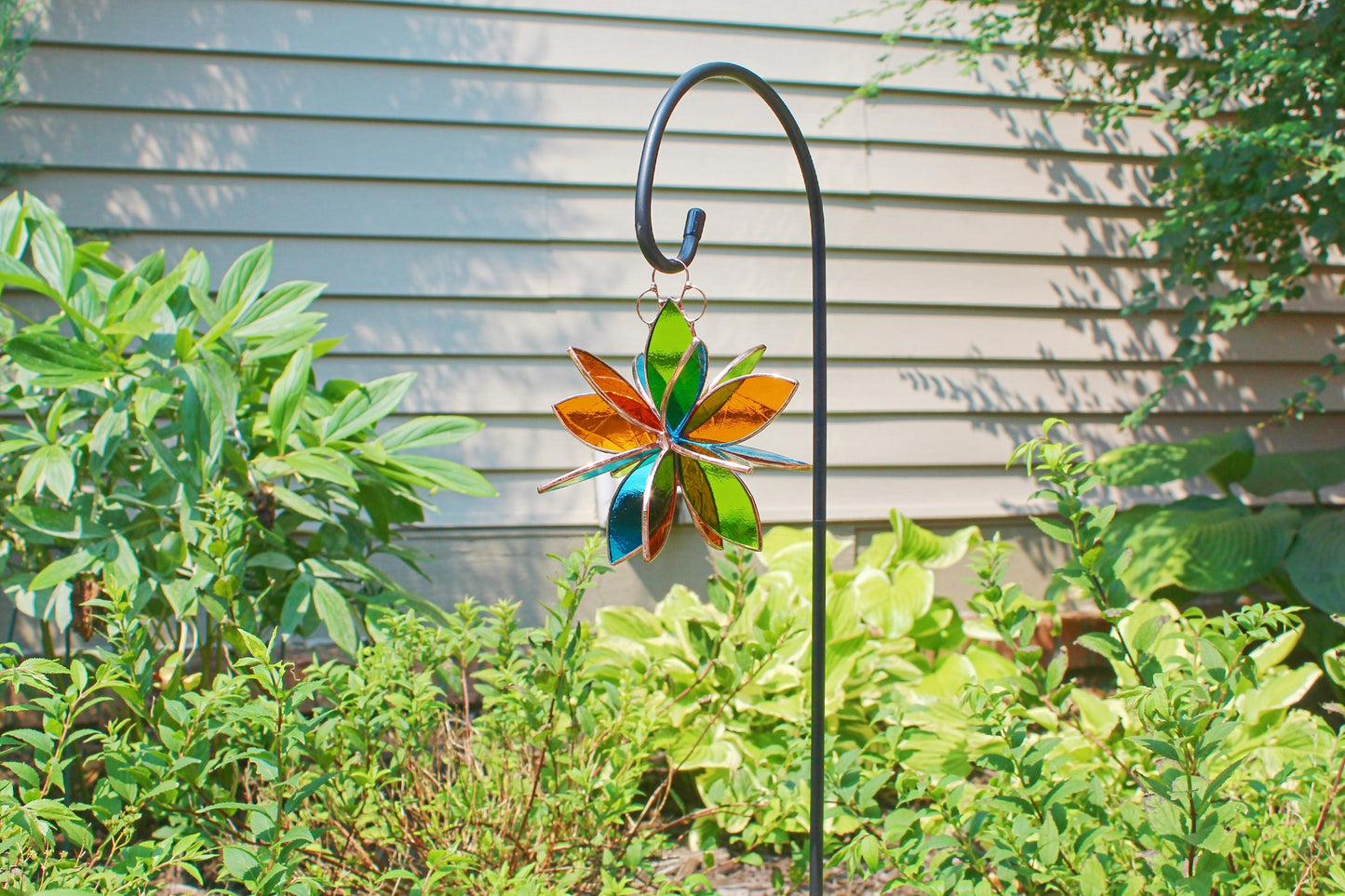 Copper Finished Stained glass hanging flower suncatcher. Garden & Home decor. Amber Green Topaz.