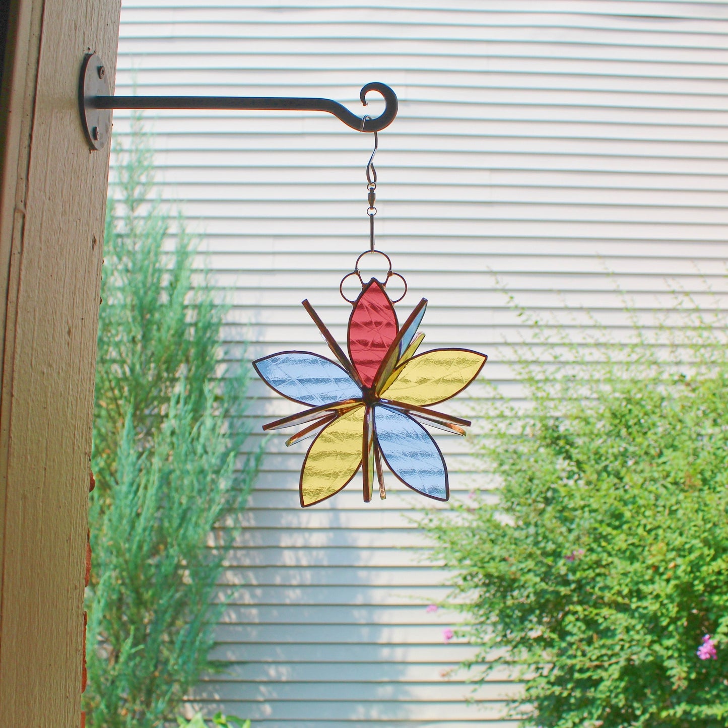 Copper finished stained glass hanging flower suncatcher. Garden & Home decor. Grape Gold Blue.