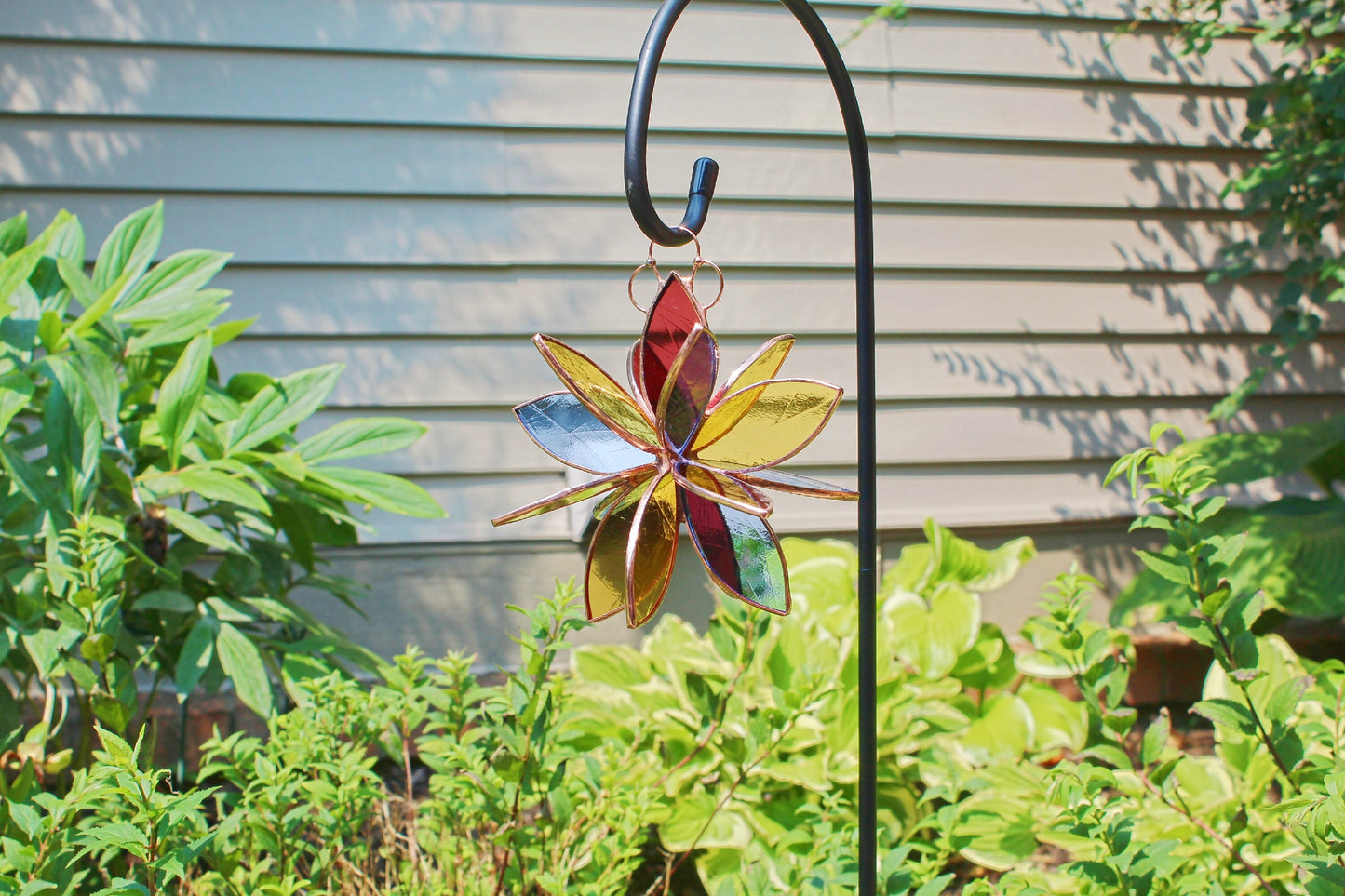 Copper finished stained glass hanging flower suncatcher. Garden & Home decor. Grape Gold Blue.