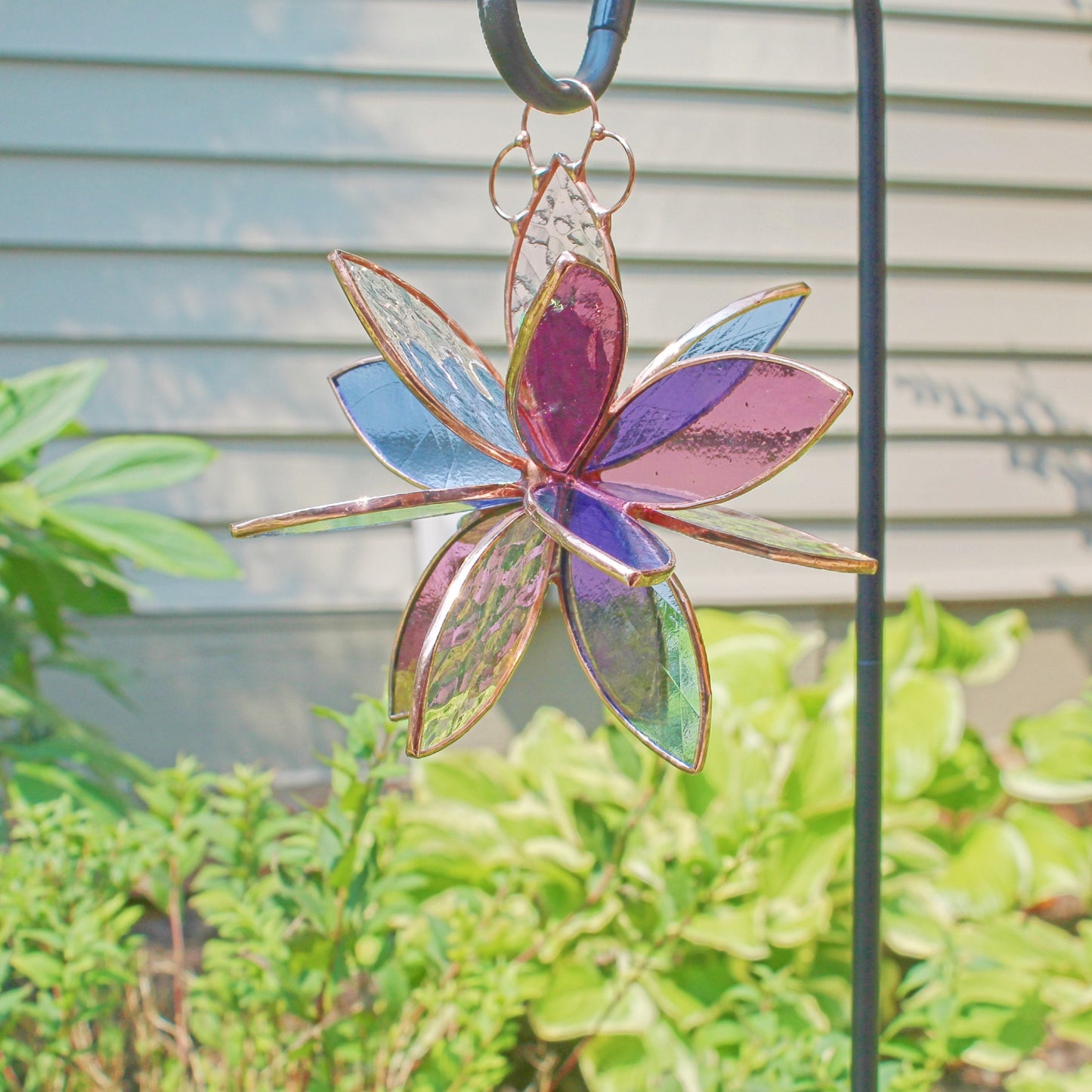Copper Finished Stained glass hanging flower suncatcher. Garden & Home decor. Clear Blue Purple.