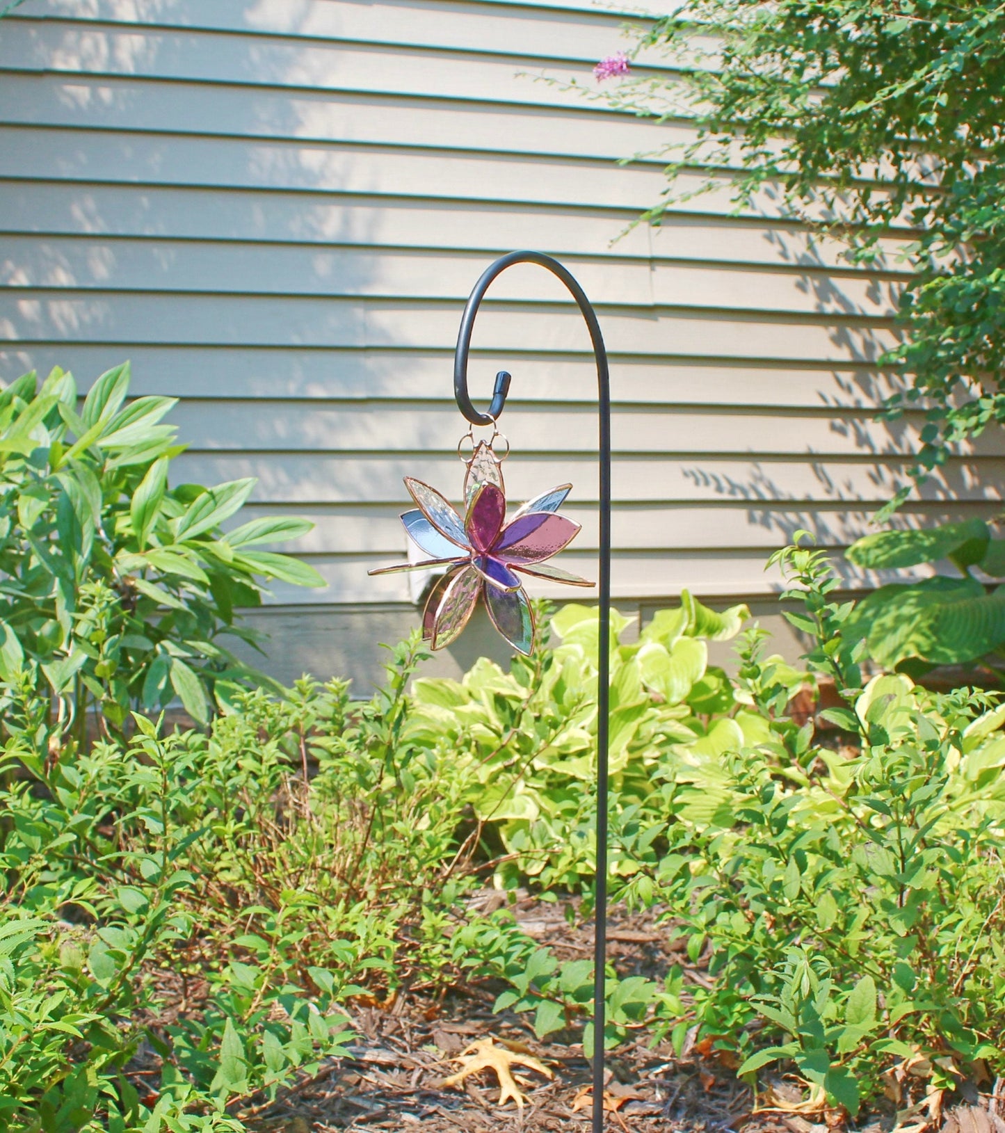 Copper Finished Stained glass hanging flower suncatcher. Garden & Home decor. Clear Blue Purple.