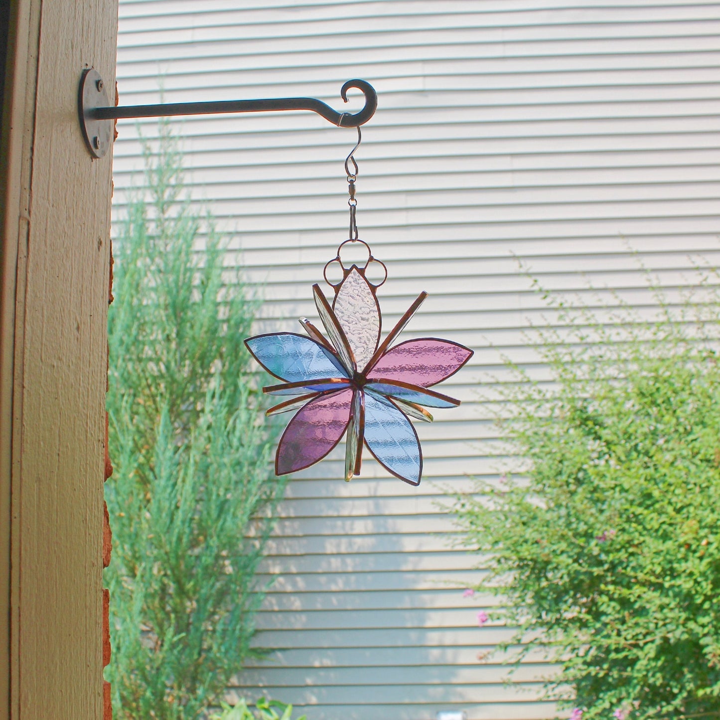 Copper Finished Stained glass hanging flower suncatcher. Garden & Home decor. Clear Blue Purple.