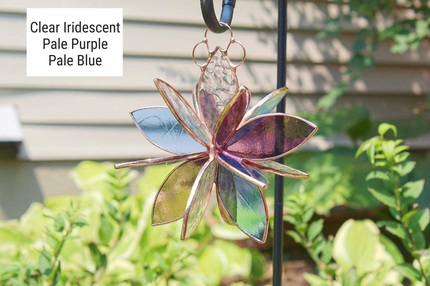 Copper Finished Stained glass hanging flower suncatcher. Garden & Home decor. Clear Blue Purple.