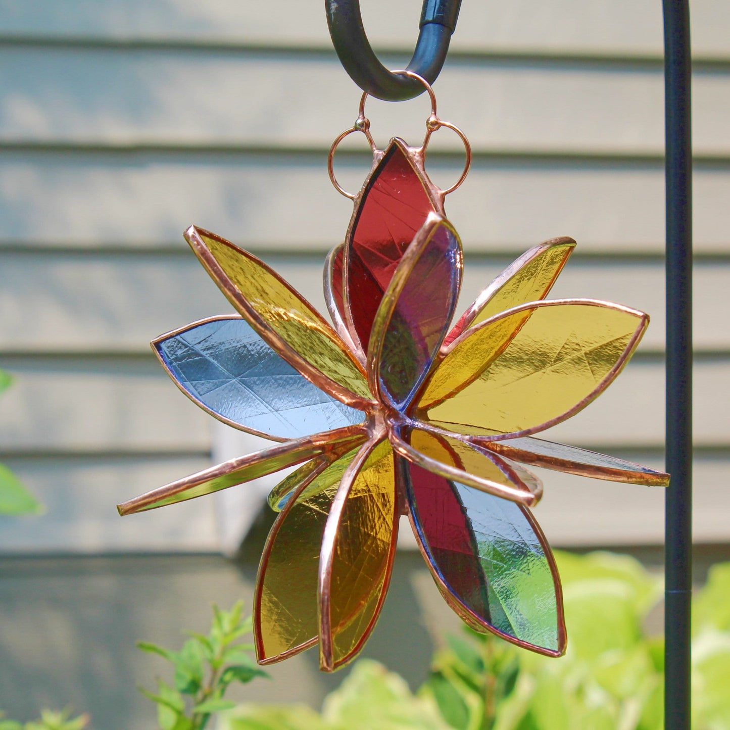 Copper finished stained glass hanging flower suncatcher. Garden & Home decor. Grape Gold Blue.