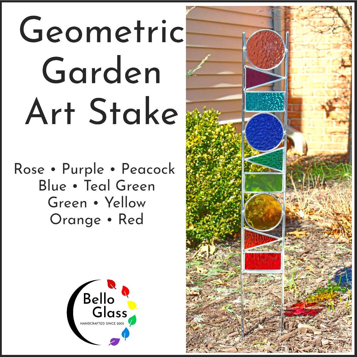 Geometric Shapes Glass Garden Art Stake. Unique colorful yard décor. 9 Rainbow colors.