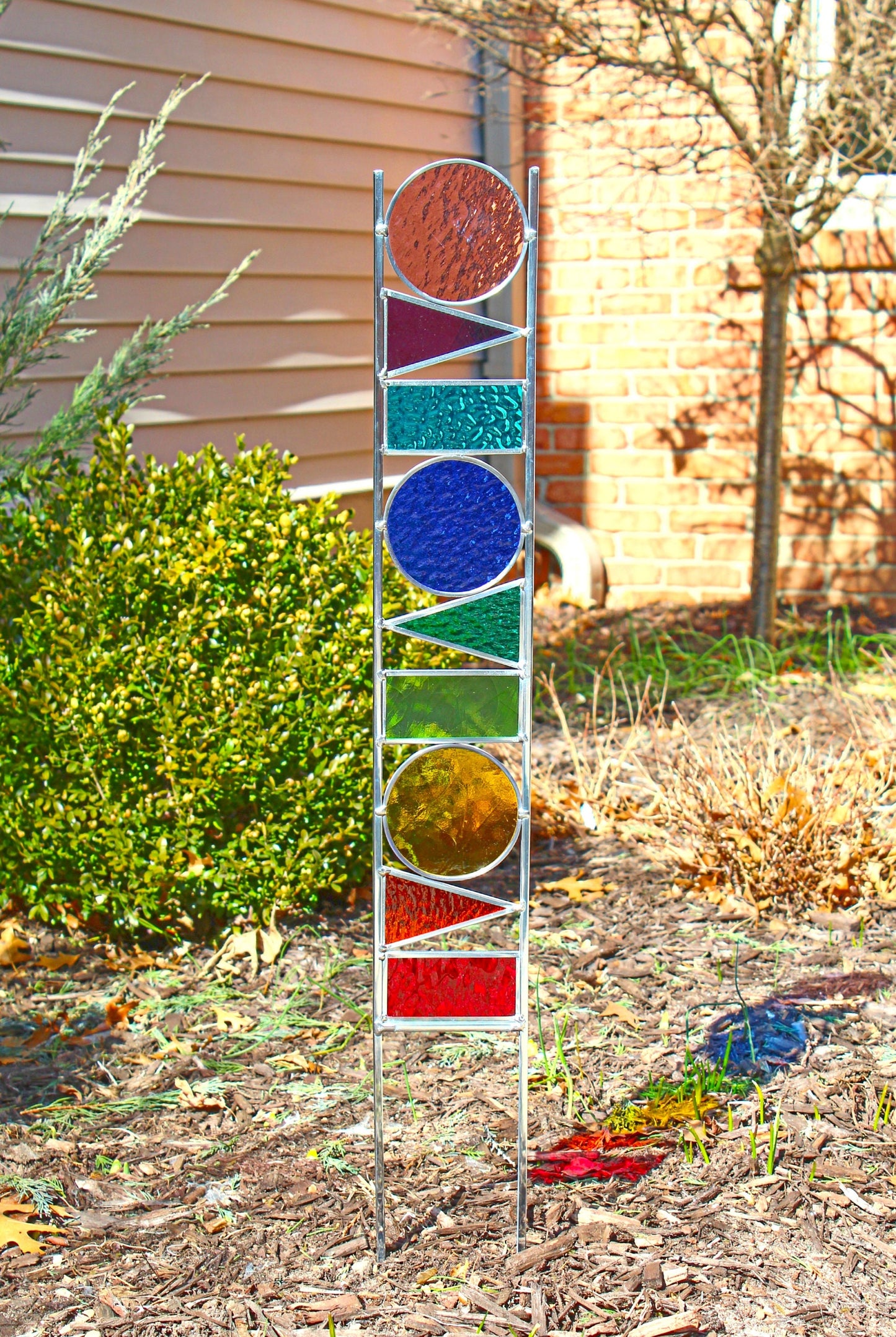 Geometric Shapes Glass Garden Art Stake. Unique colorful yard décor. 9 Rainbow colors.