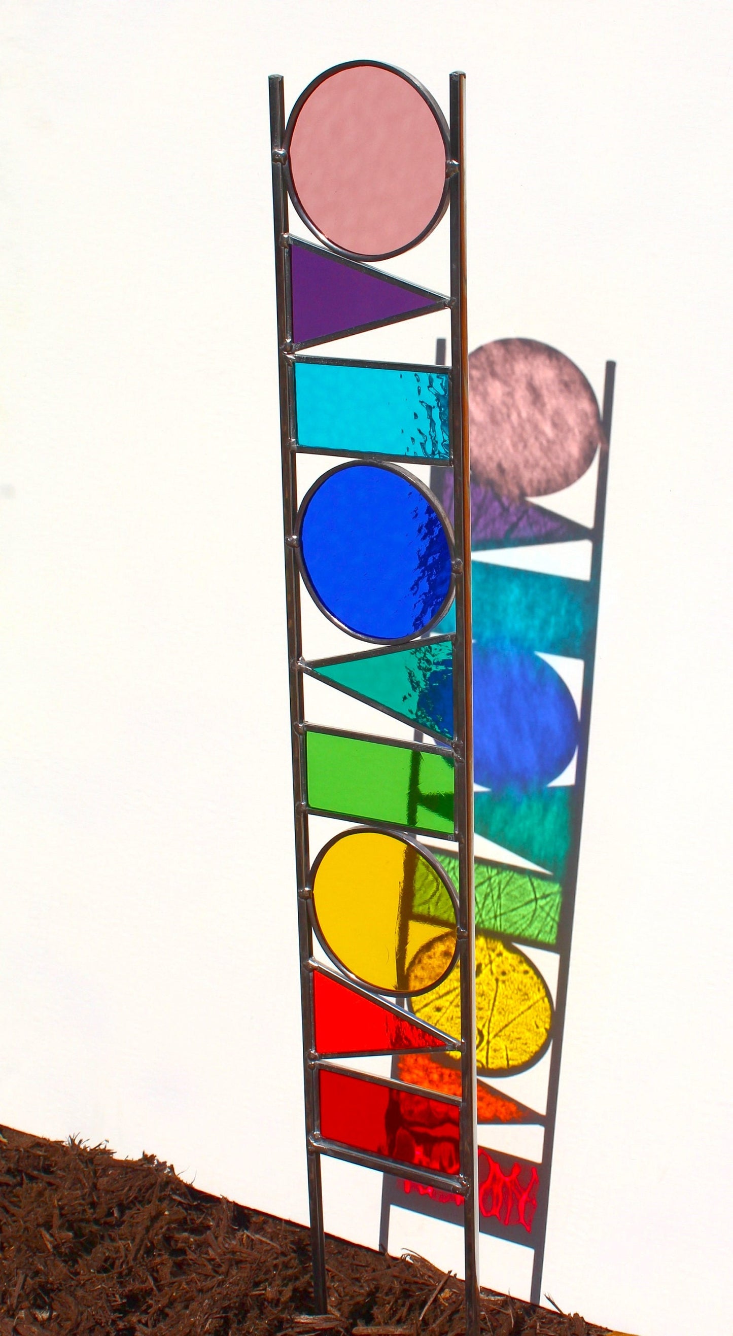 Geometric Shapes Glass Garden Art Stake. Unique colorful yard décor. 9 Rainbow colors.