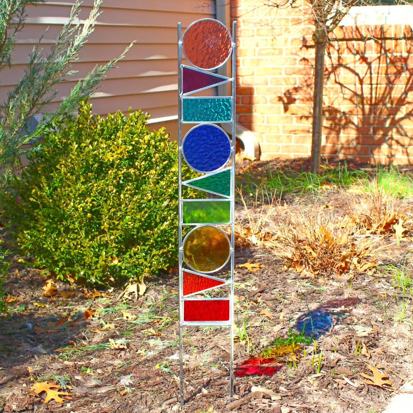 Geometric Shapes Glass Garden Art Stake. Unique colorful yard décor. 9 Rainbow colors.