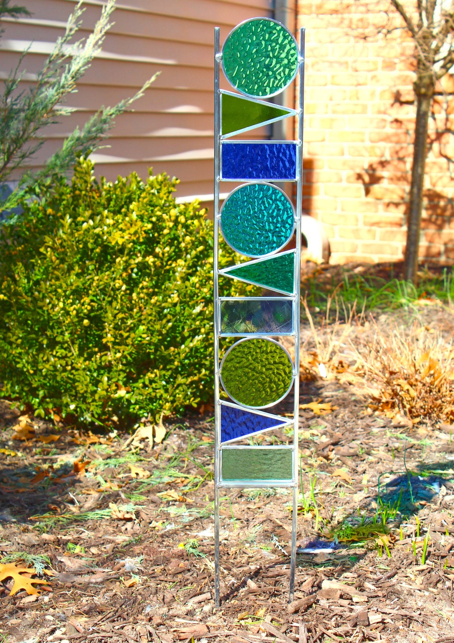 Geometric Shapes Glass Garden Art Stake. Unique colorful yard décor. Blues & Greens.