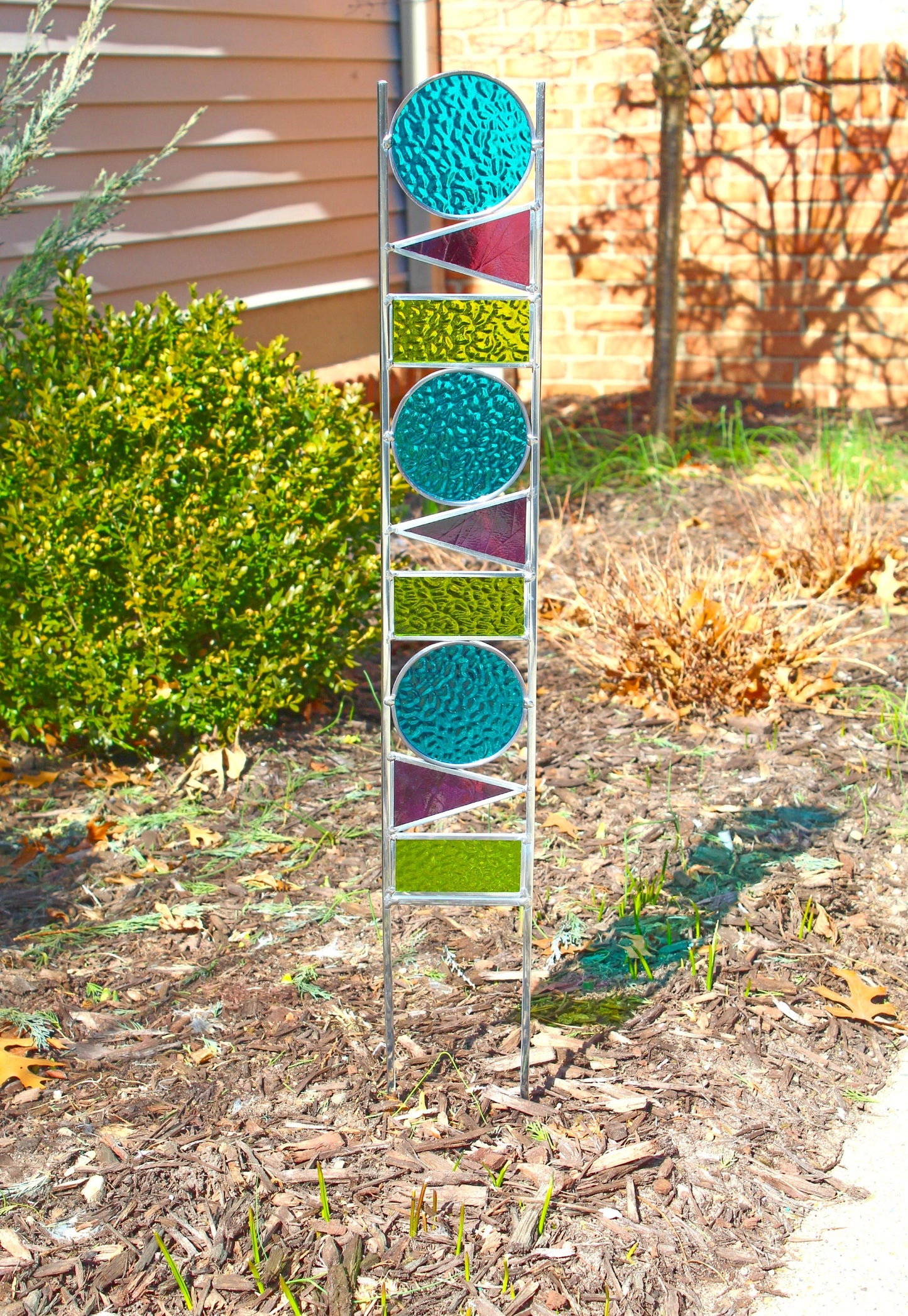 Geometric Shapes Glass Garden Art Stake. Unique colorful yard décor. Peacock Purple Lime.