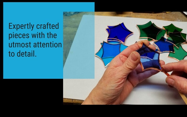 Star Crescent Glass Garden Art Stake. Handcrafted. Copper frame. Shades of Blue.