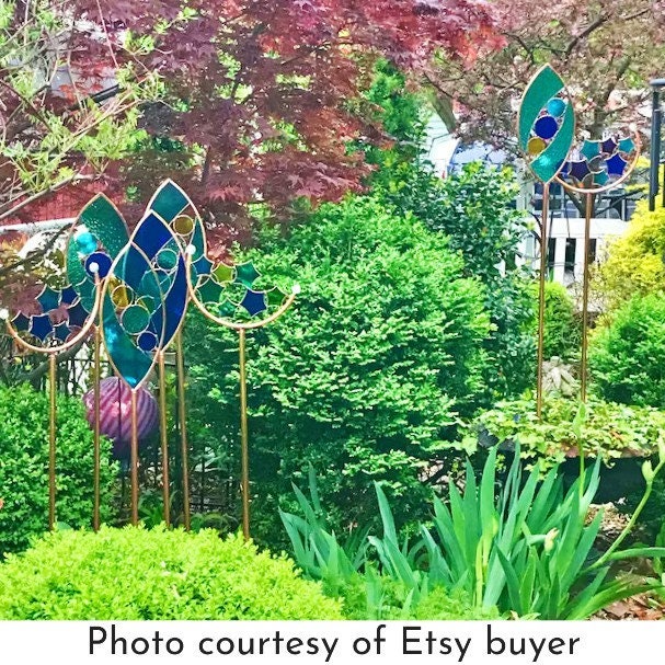 Tall Glass Garden Art Stakes. Ocean colors. You pick 1, 2 or 3. Unique yard décor gifts.