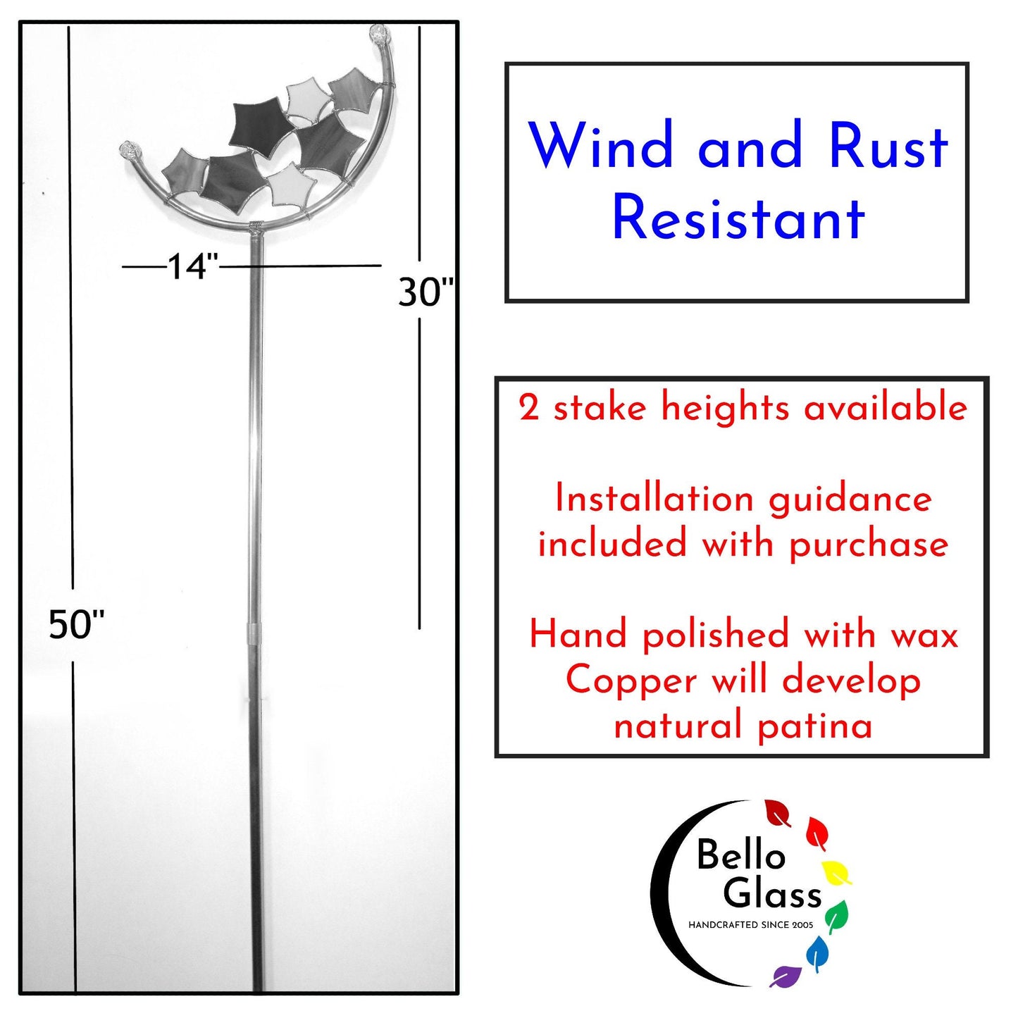 Star Crescent Glass Garden Art Stake. Handcrafted. Copper frame. Blues & Greens.